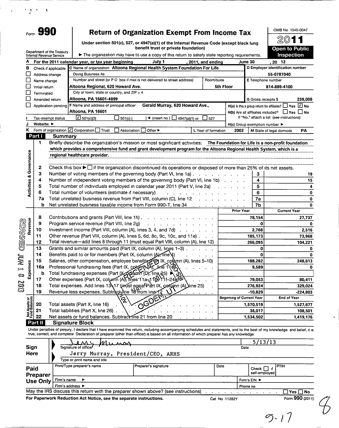 Image of first page of 2011 Form 990 for Altoona Regional Health System Foundation for Life