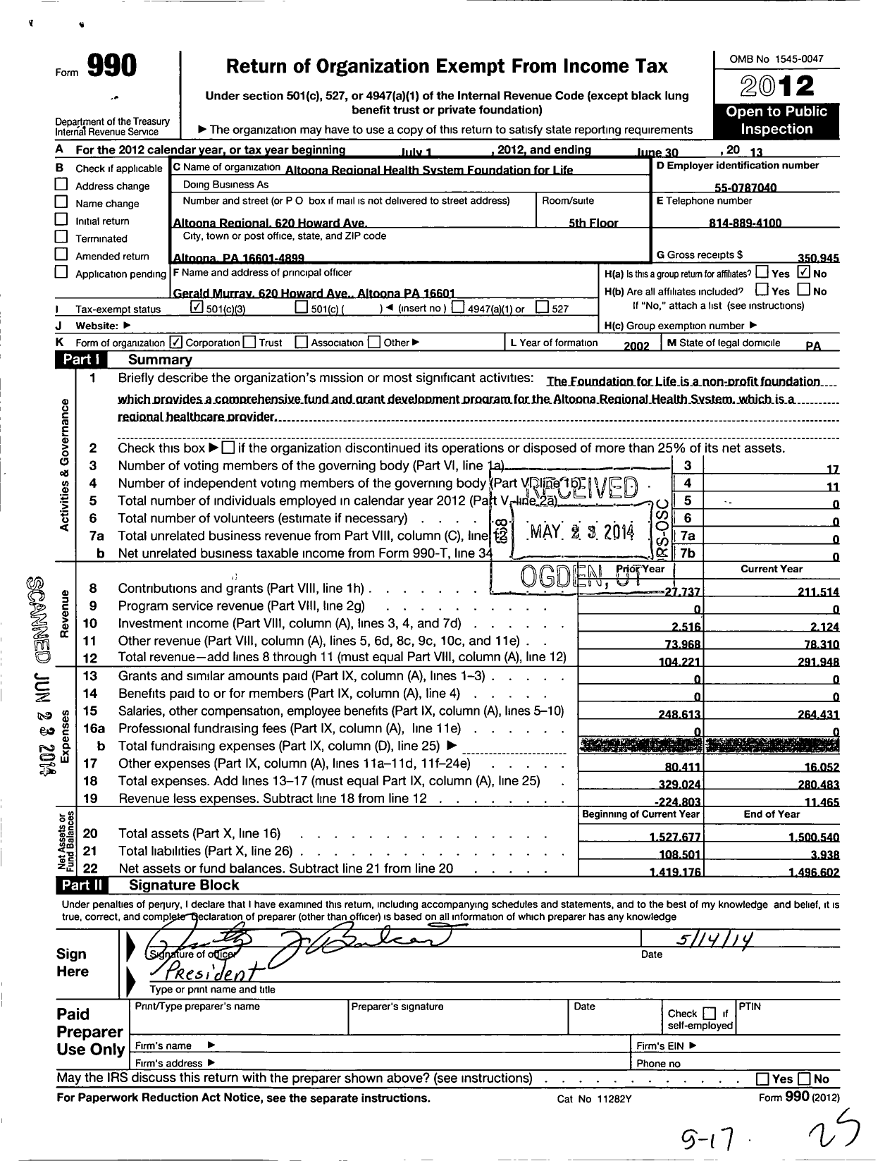 Image of first page of 2012 Form 990 for Altoona Regional Health System Foundation for Life
