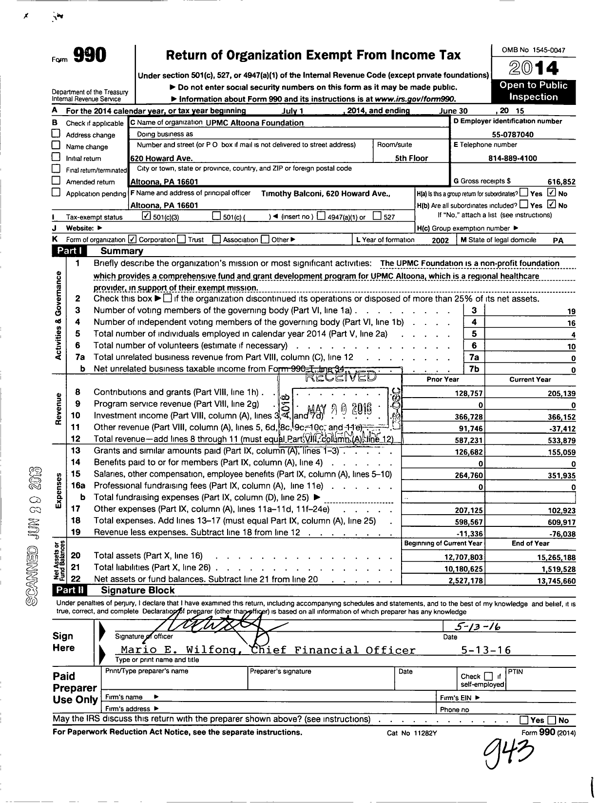 Image of first page of 2014 Form 990 for Altoona Regional Health System Foundation for Life