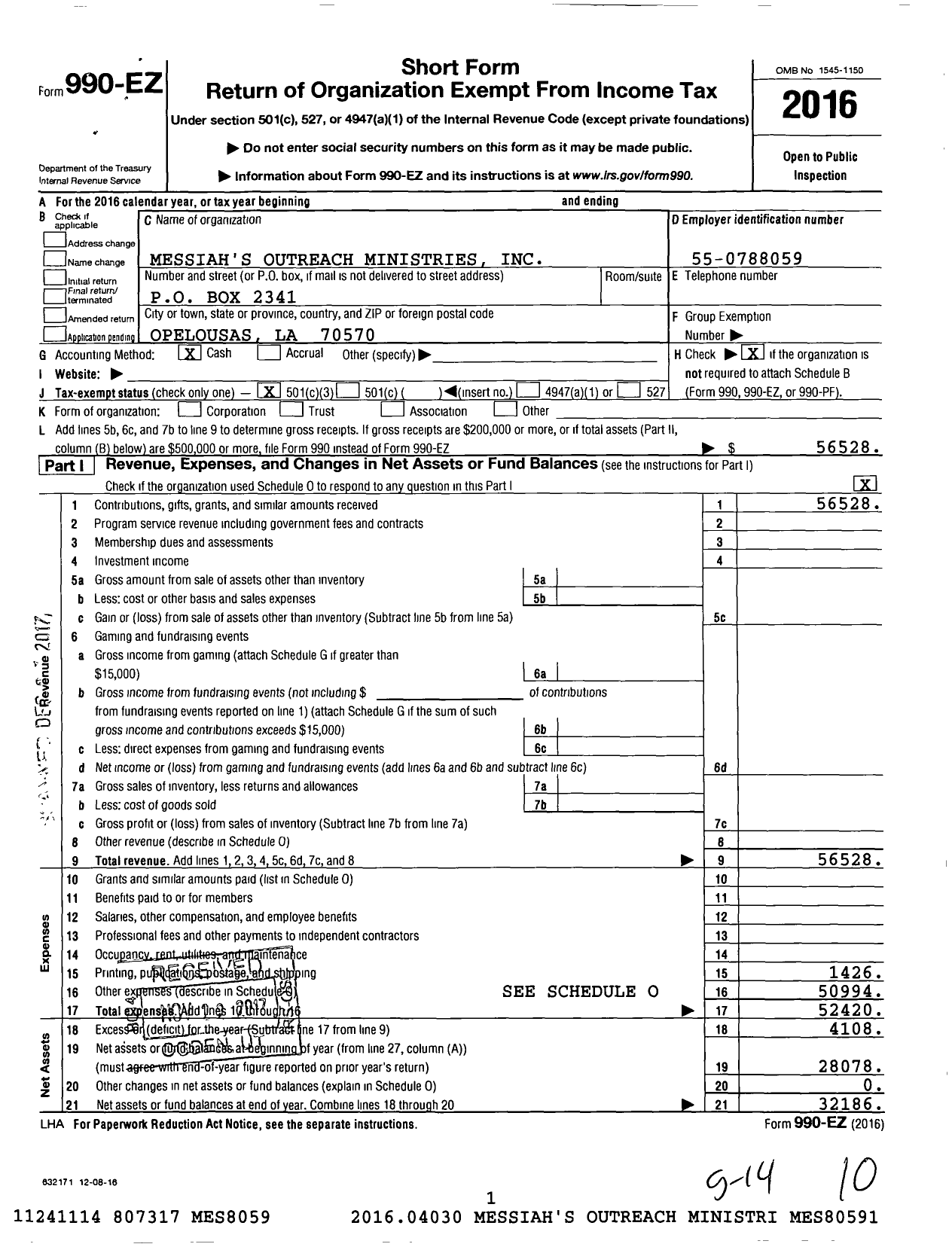 Image of first page of 2016 Form 990EZ for Messiah's Outreach Ministries