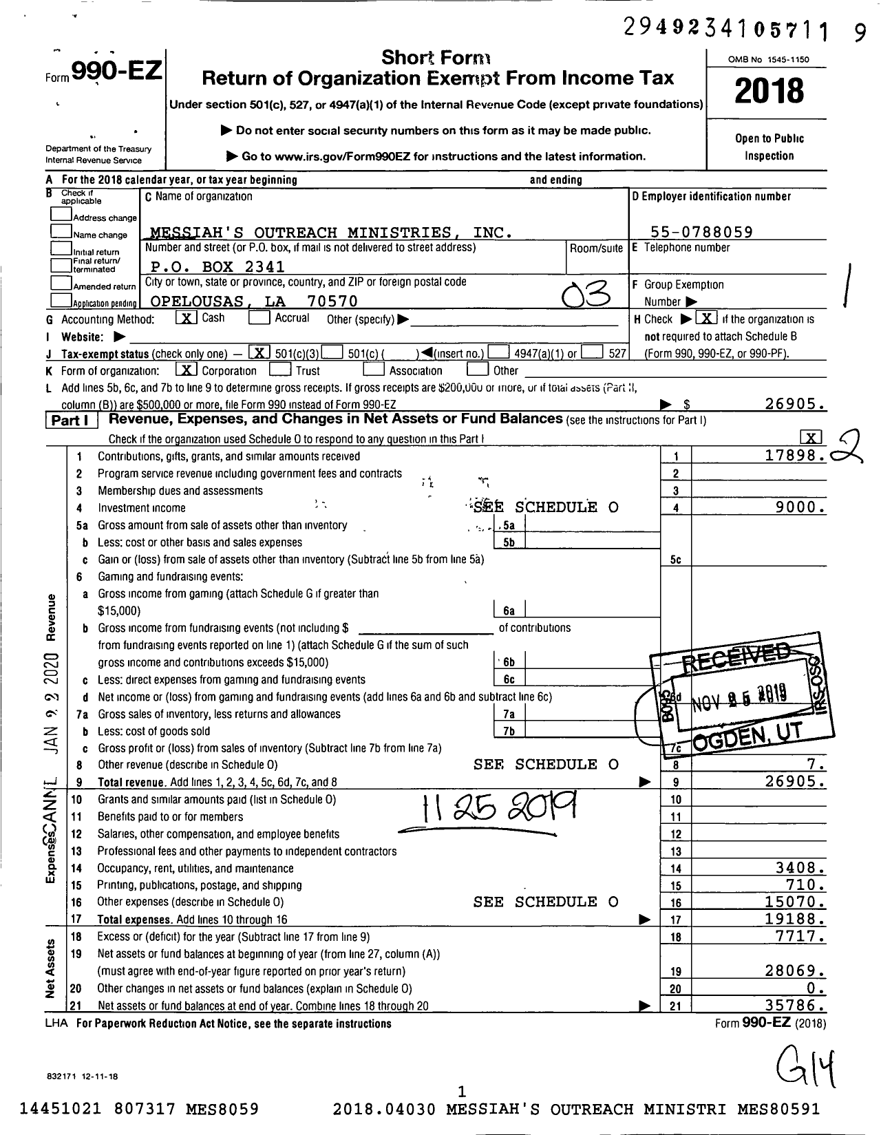 Image of first page of 2018 Form 990EZ for Messiah's Outreach Ministries