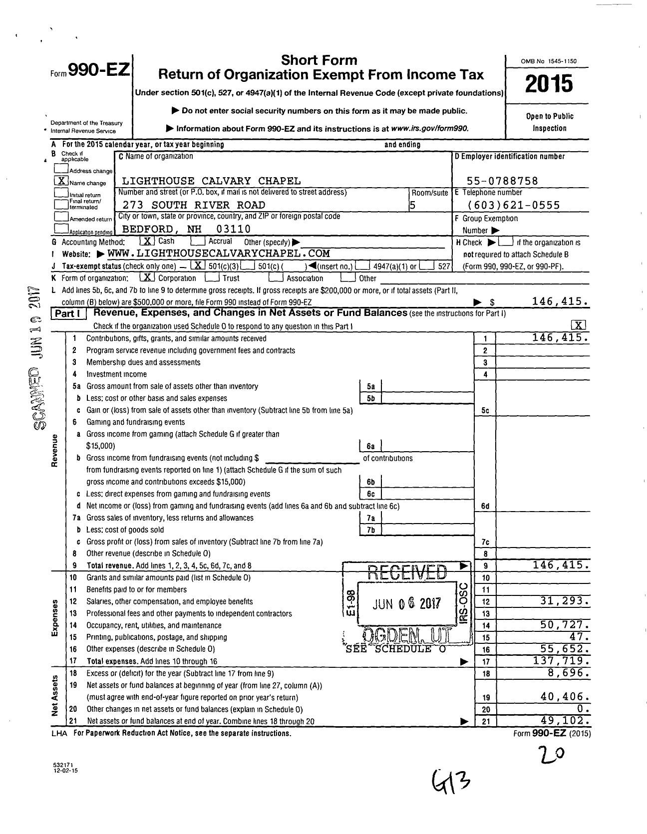 Image of first page of 2015 Form 990EZ for Lighthouse Calvary Chapel