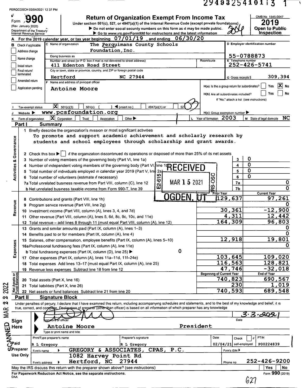 Image of first page of 2019 Form 990 for The Perquimans County Schools Foundation