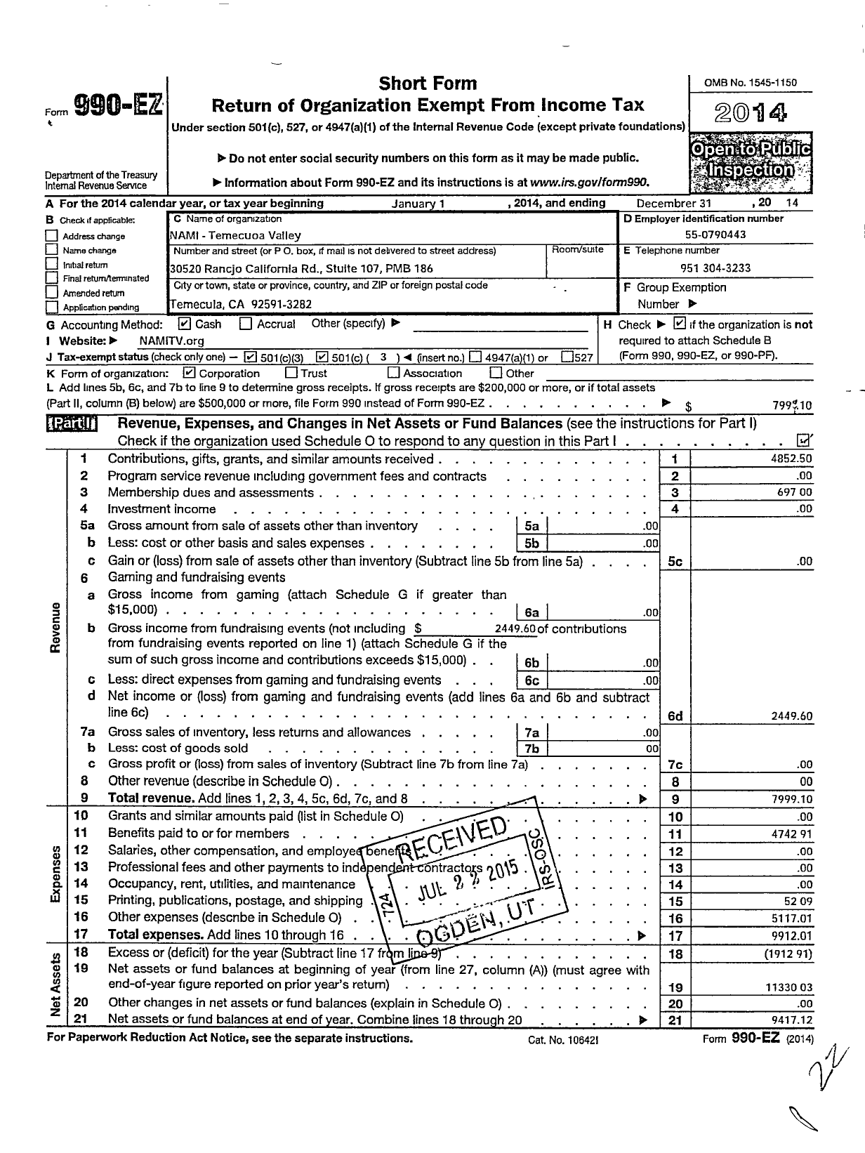 Image of first page of 2014 Form 990EZ for Nami-Temecula Valley