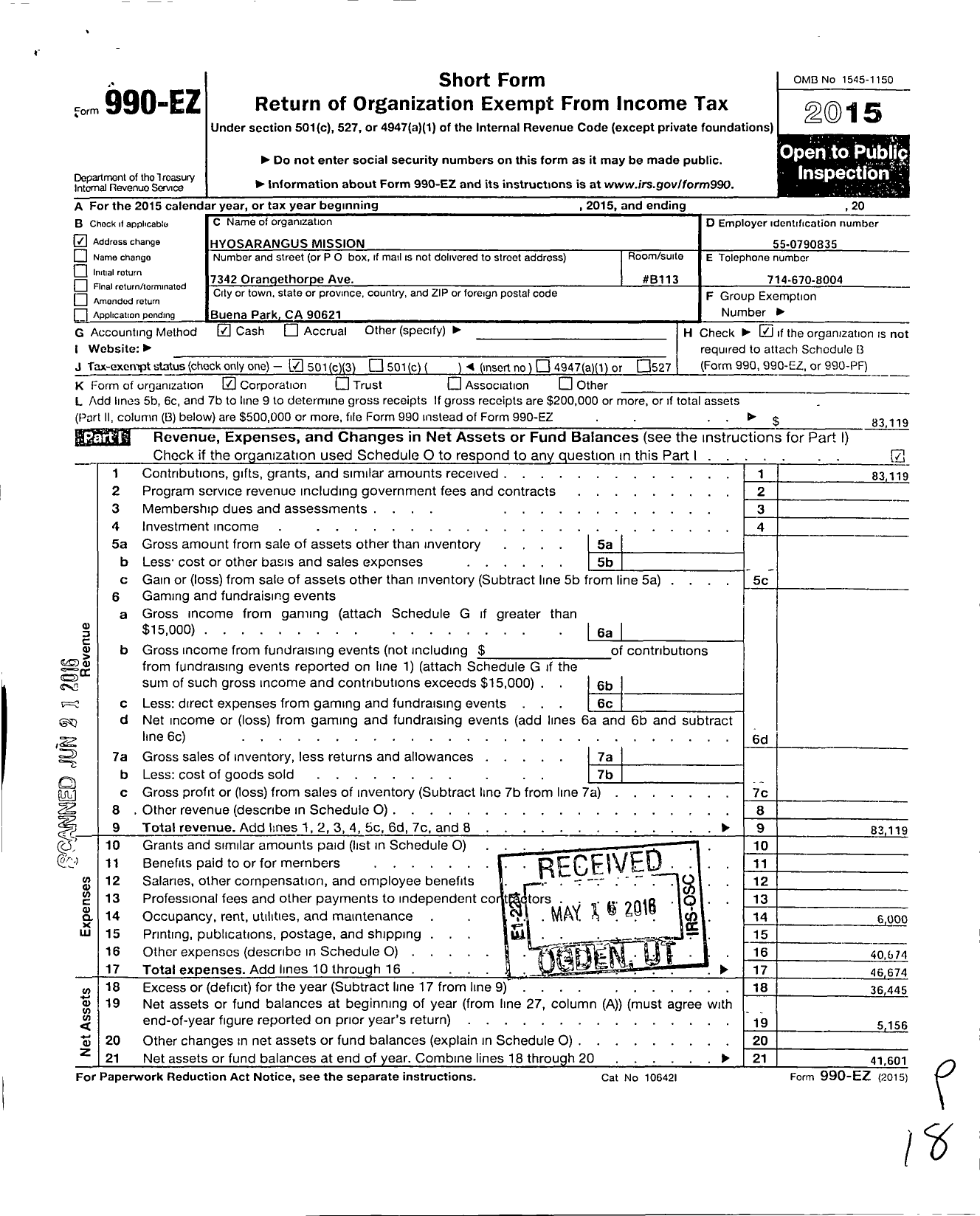 Image of first page of 2015 Form 990EZ for Hyosarangus Mission