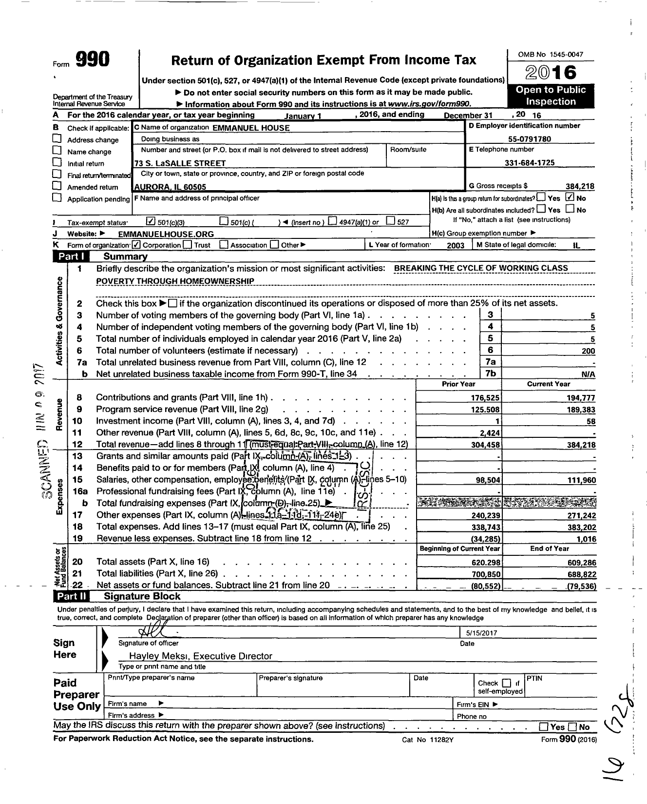 Image of first page of 2016 Form 990 for Emmanuel House