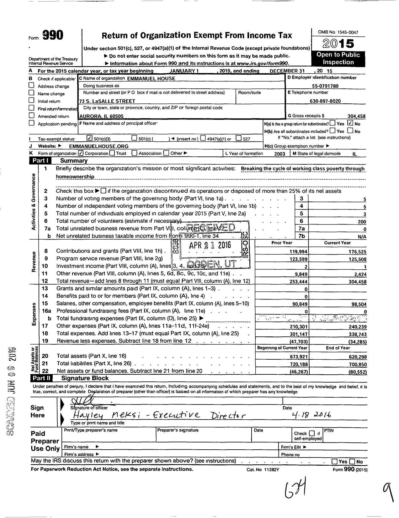 Image of first page of 2015 Form 990 for Emmanuel House