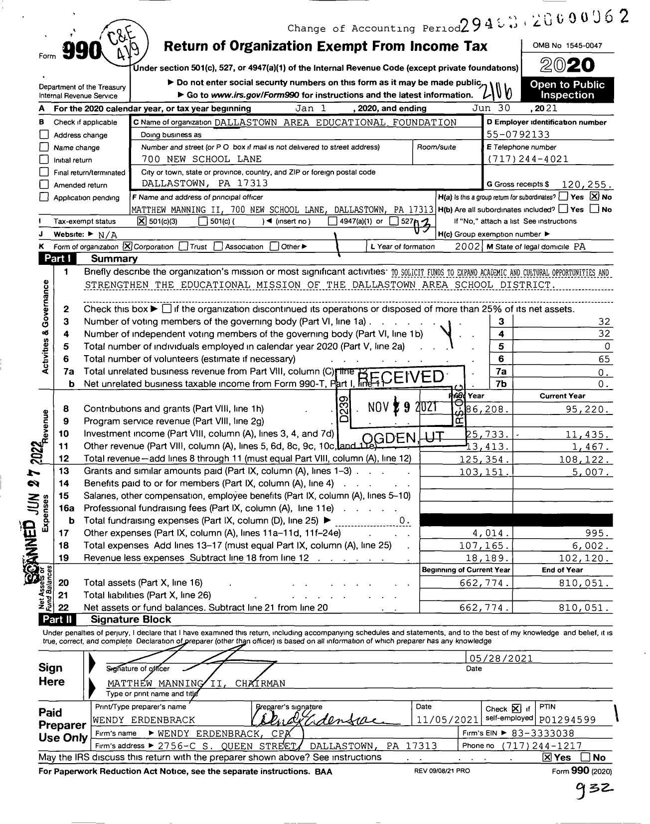 Image of first page of 2020 Form 990 for Dallastown Area Educational Foundation