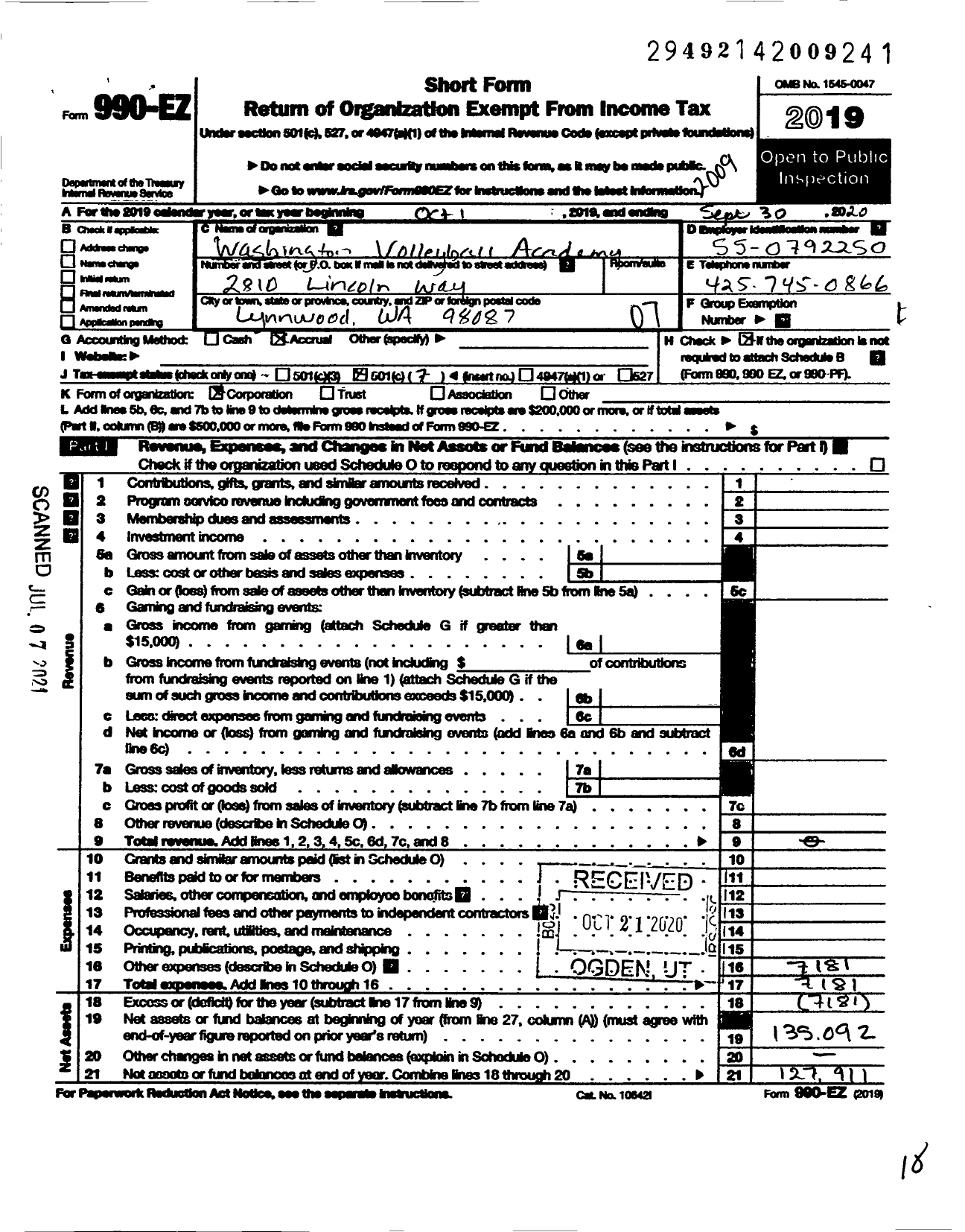 Image of first page of 2019 Form 990EO for Washington Volleyball Academy