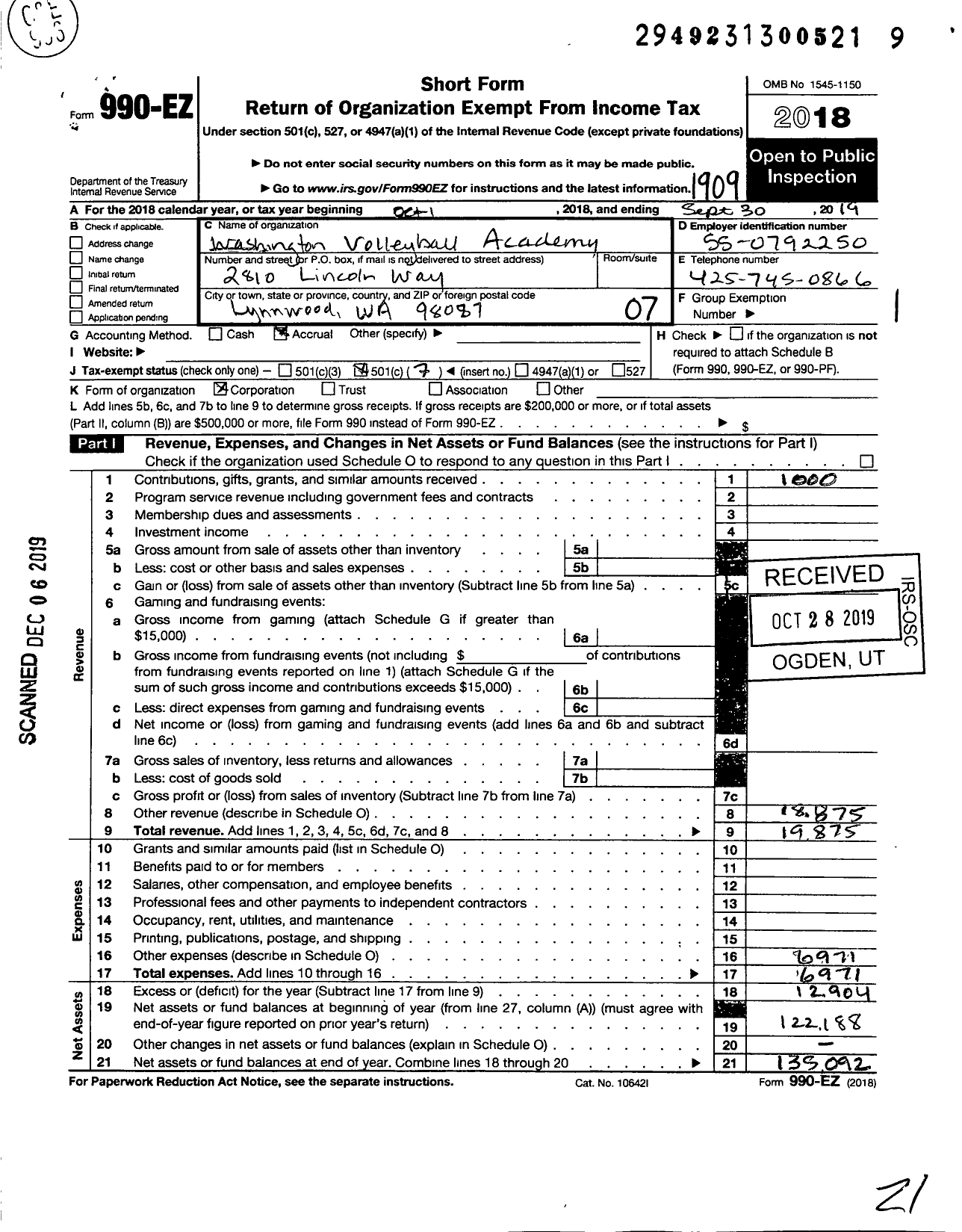 Image of first page of 2018 Form 990EO for Washington Volleyball Academy