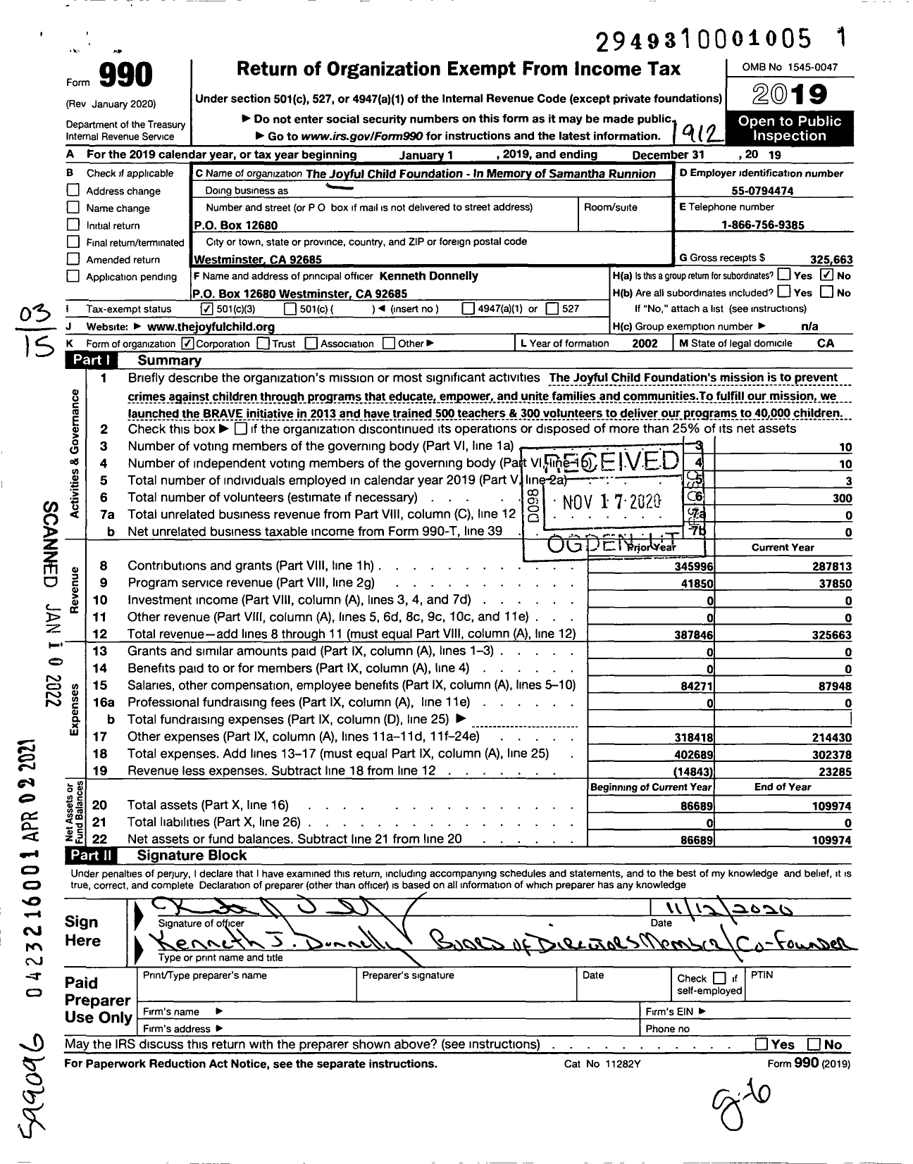 Image of first page of 2019 Form 990 for Joyful Child Foundation-In Memory of Samantha Runnion