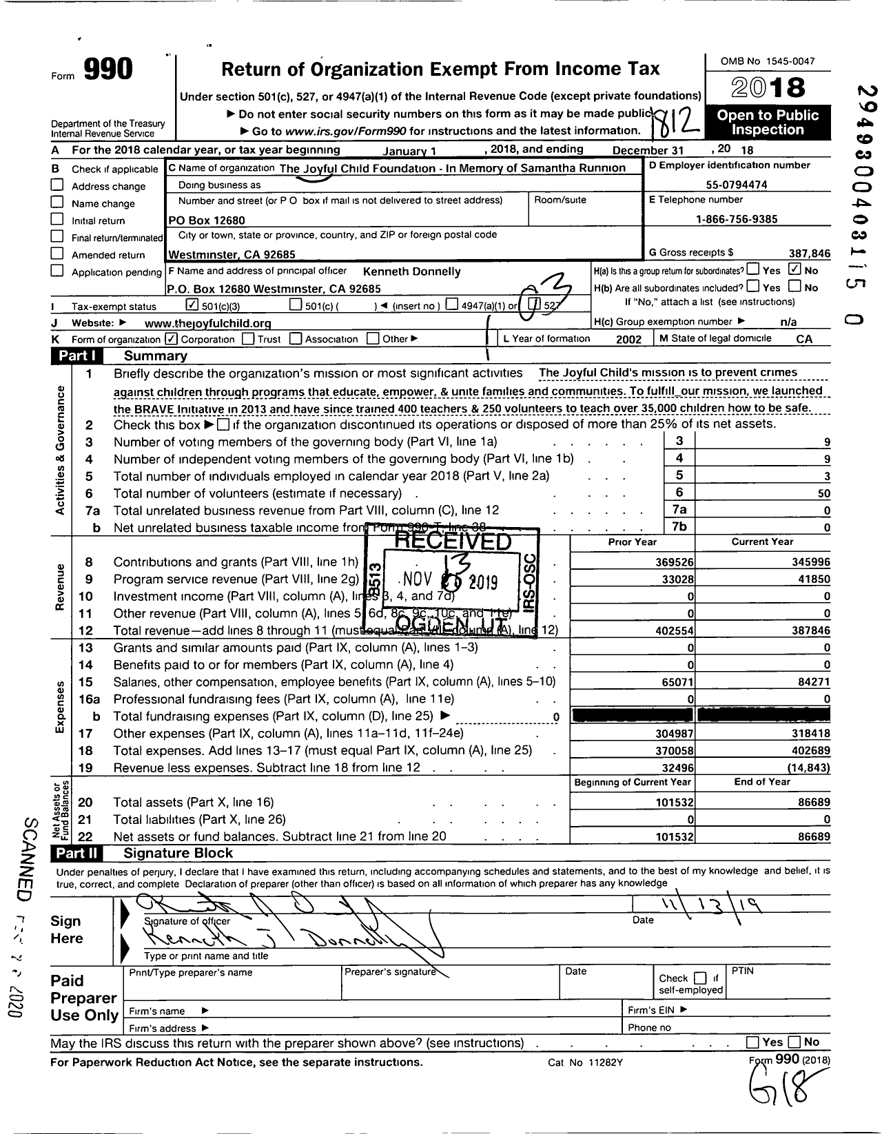 Image of first page of 2018 Form 990 for Joyful Child Foundation-In Memory of Samantha Runnion