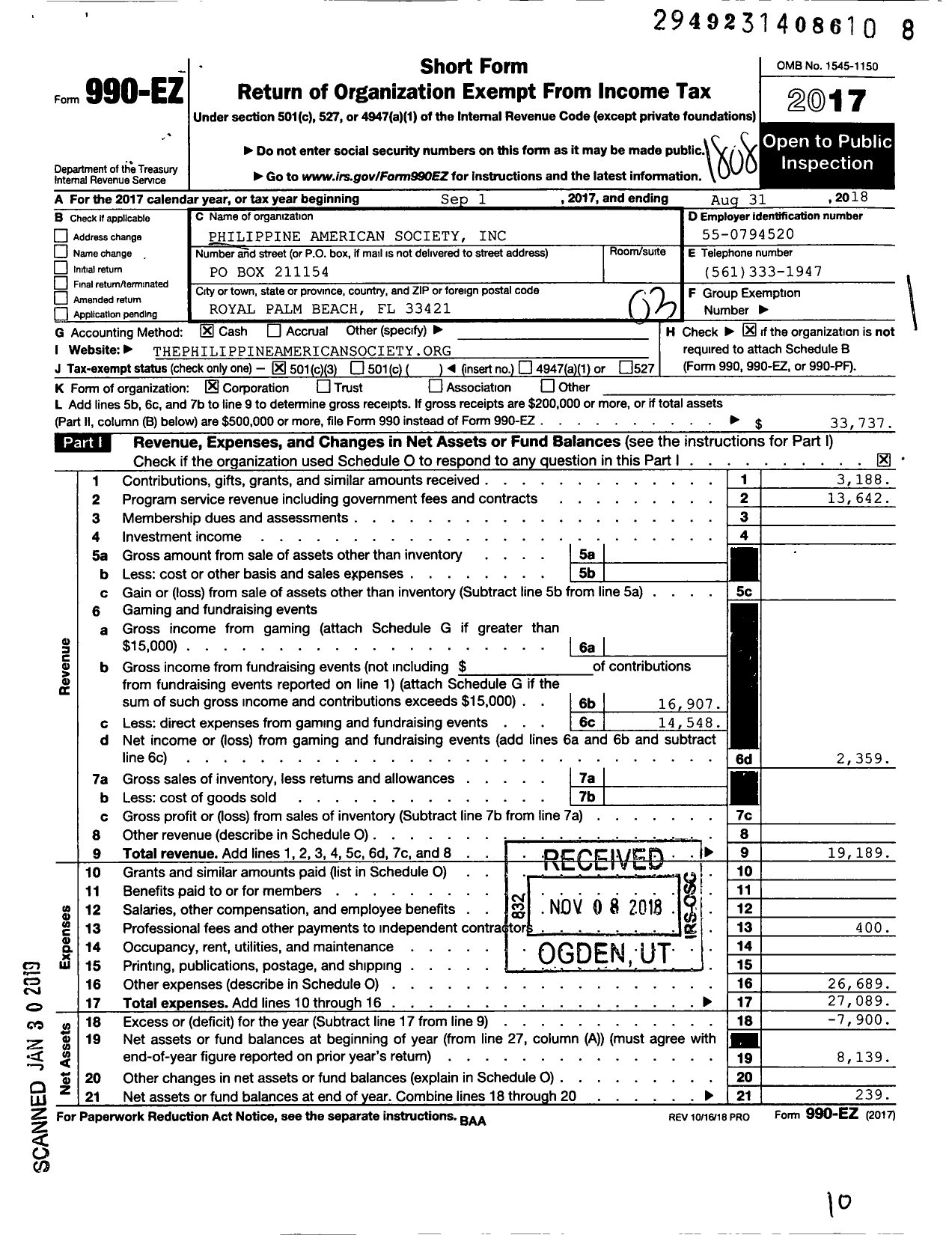 Image of first page of 2017 Form 990EZ for Philippine American Society