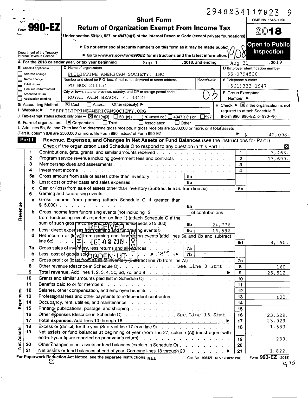 Image of first page of 2018 Form 990EZ for Philippine American Society