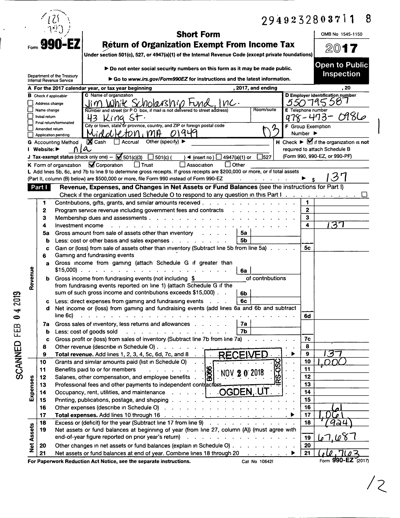 Image of first page of 2017 Form 990EZ for Jim White Scholarship Fund