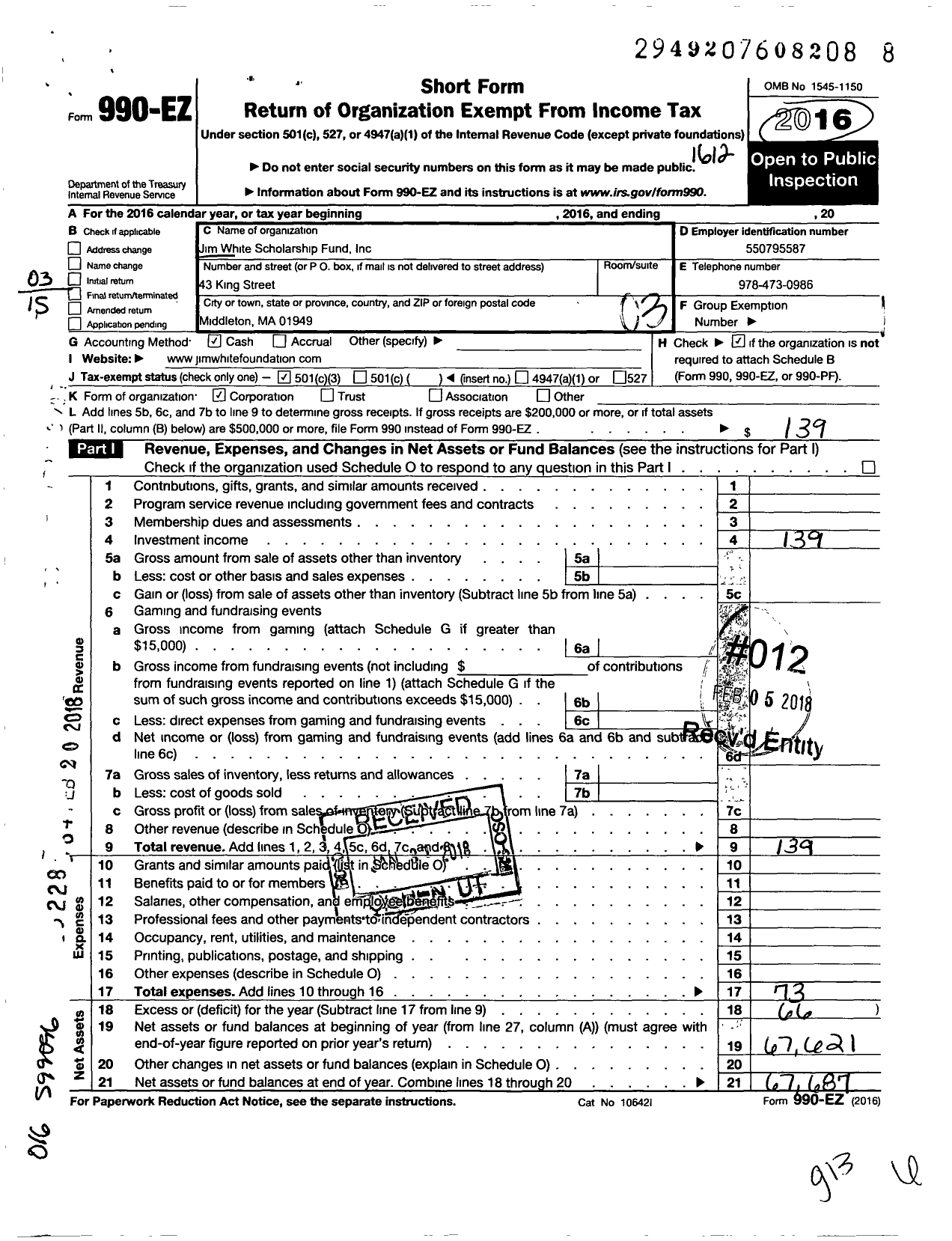 Image of first page of 2016 Form 990EZ for Jim White Scholarship Fund