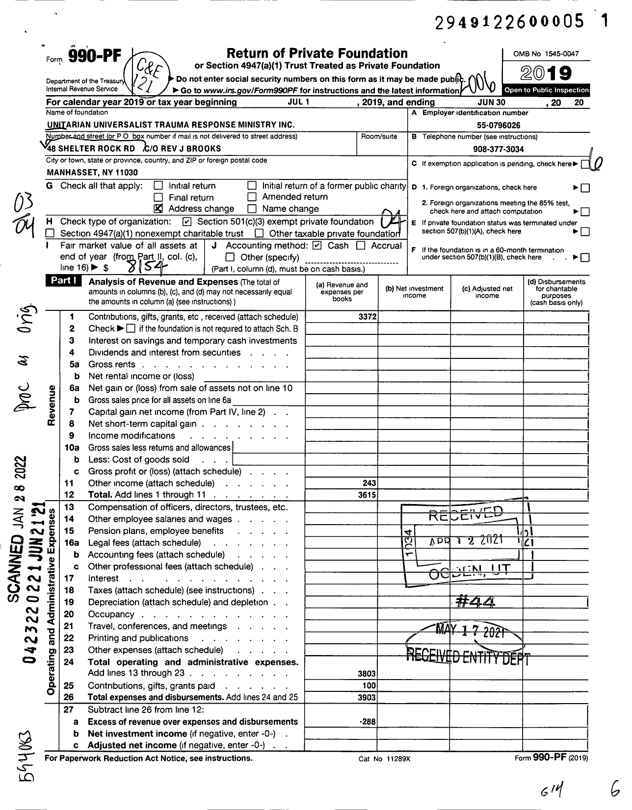 Image of first page of 2019 Form 990PF for Unitarian Universalist Trauma Response Ministry