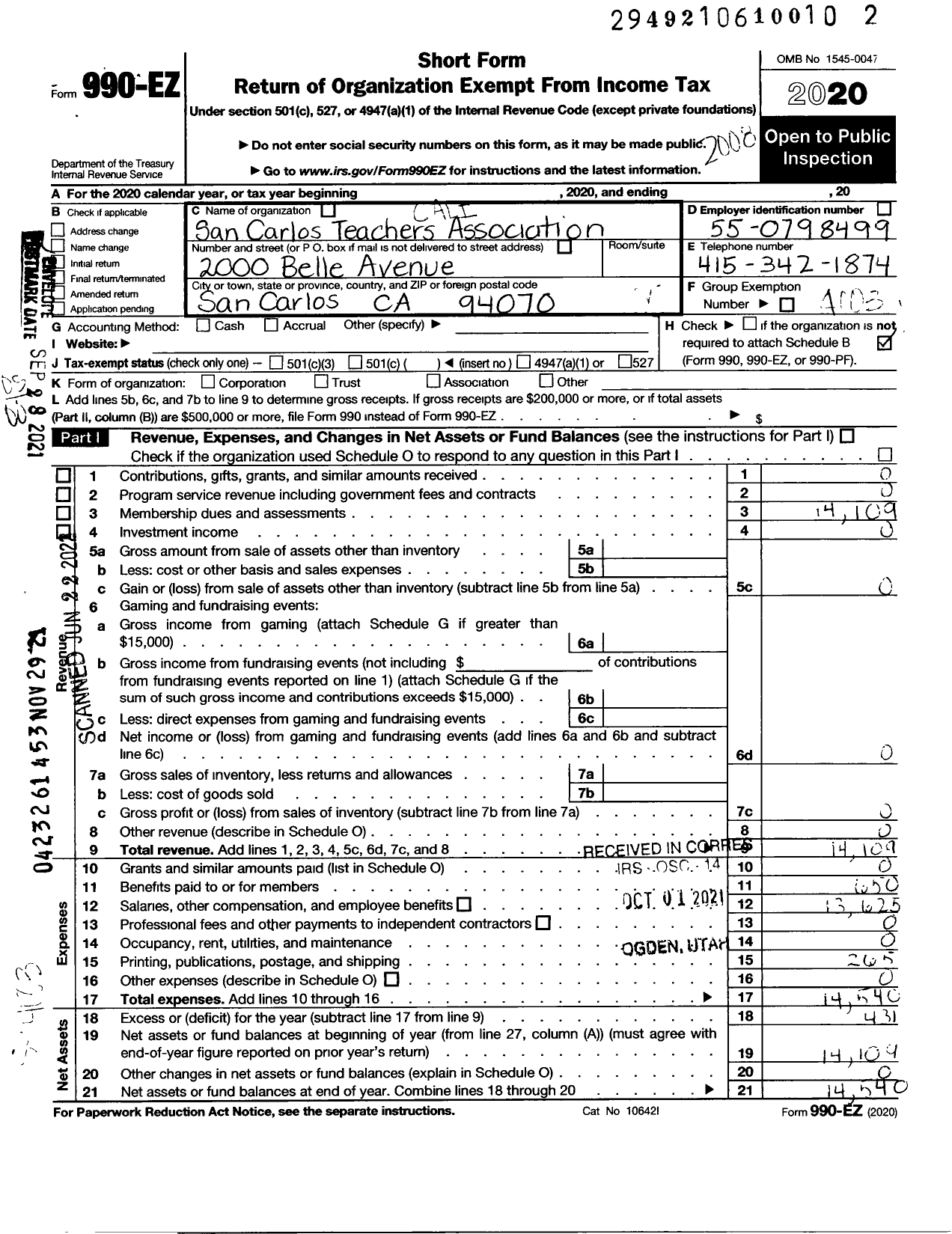 Image of first page of 2019 Form 990EO for California Teachers Association - San Carlos Teachers Association