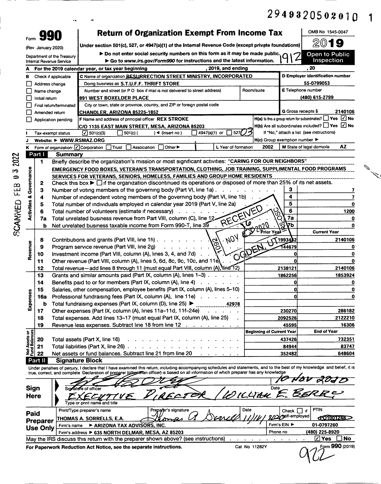 Image of first page of 2019 Form 990 for Stuff Thrift Store