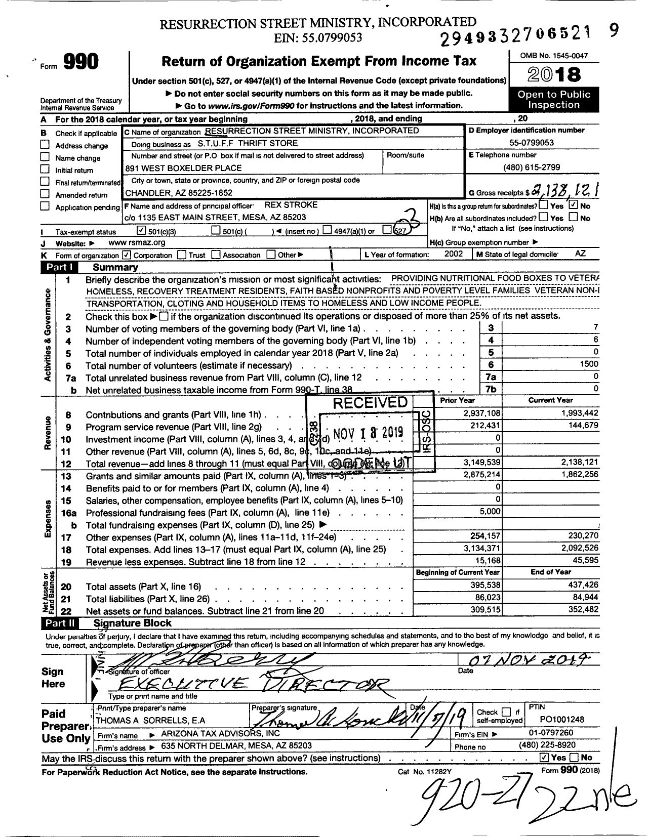 Image of first page of 2018 Form 990 for Stuff Thrift Store