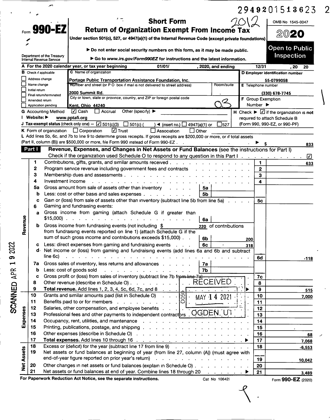 Image of first page of 2020 Form 990EZ for FORE Transit