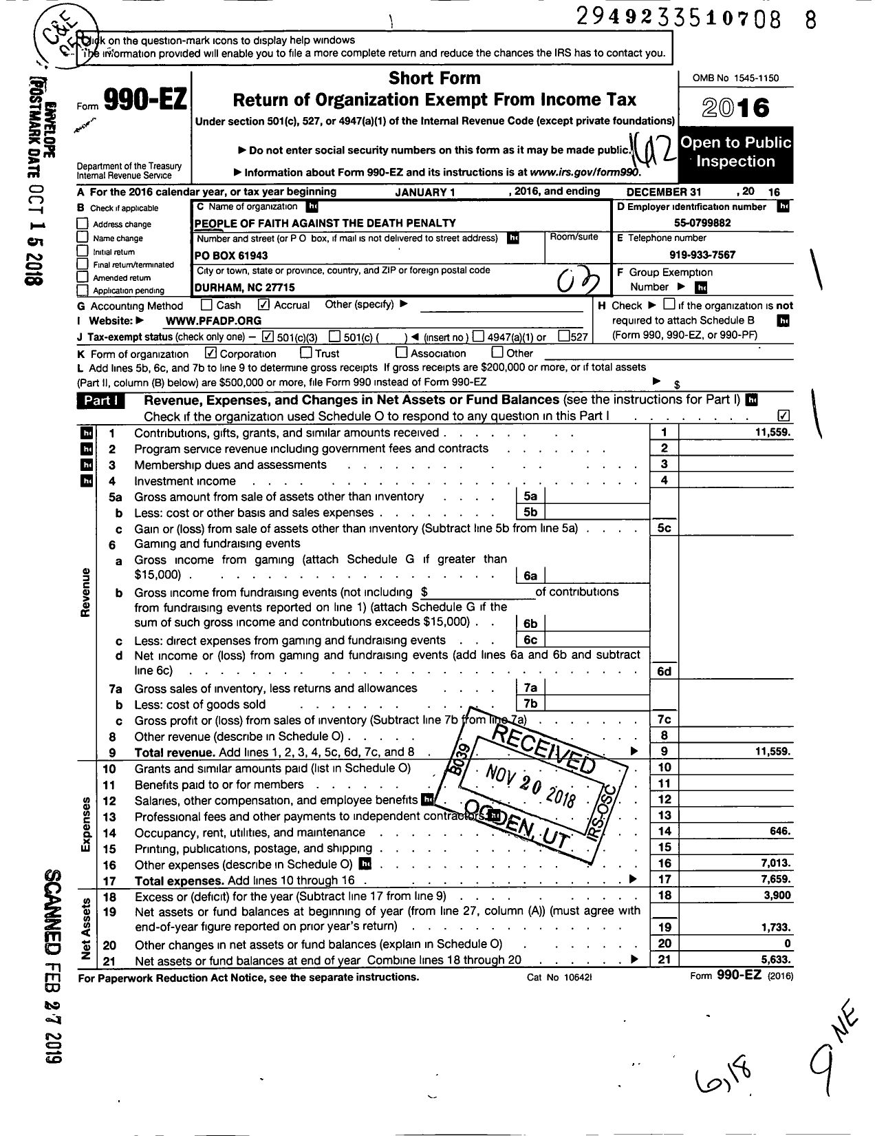 Image of first page of 2016 Form 990EZ for People of Faith Against the Death Penalty