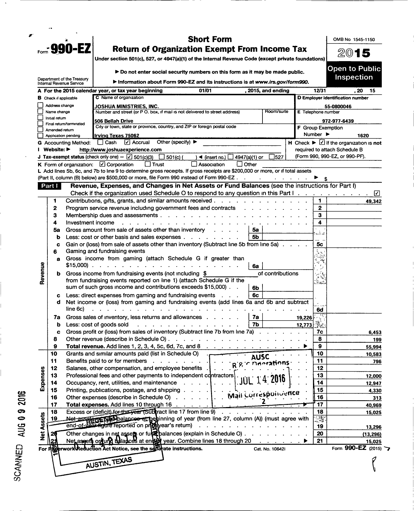 Image of first page of 2015 Form 990EZ for The Joshua Ministries