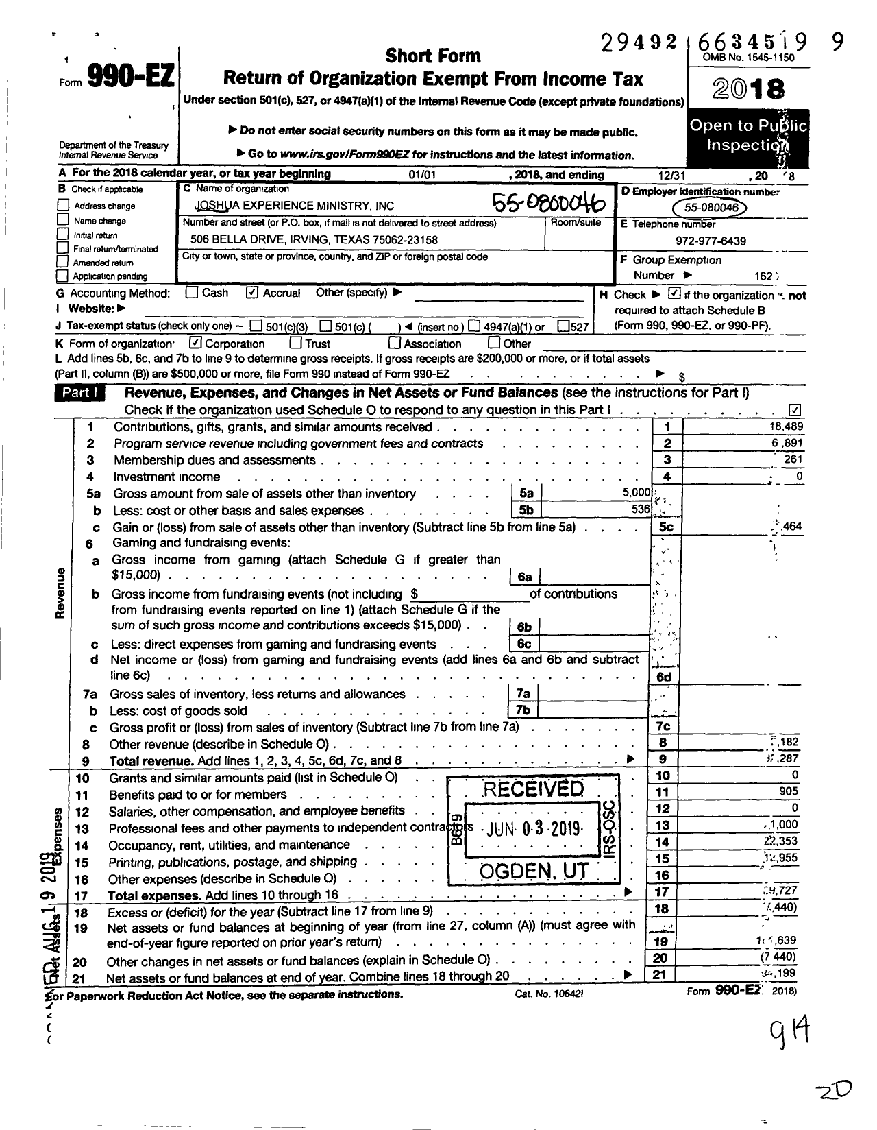 Image of first page of 2018 Form 990EO for The Joshua Ministries