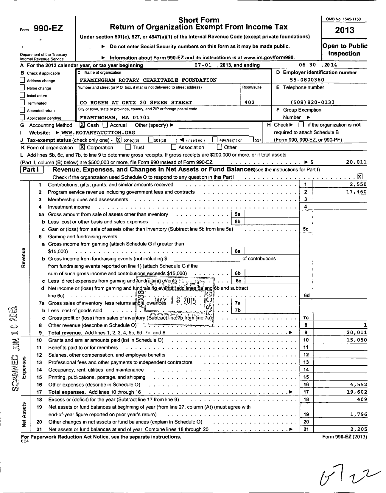 Image of first page of 2013 Form 990EZ for Framingham Rotary Charitable Foundation