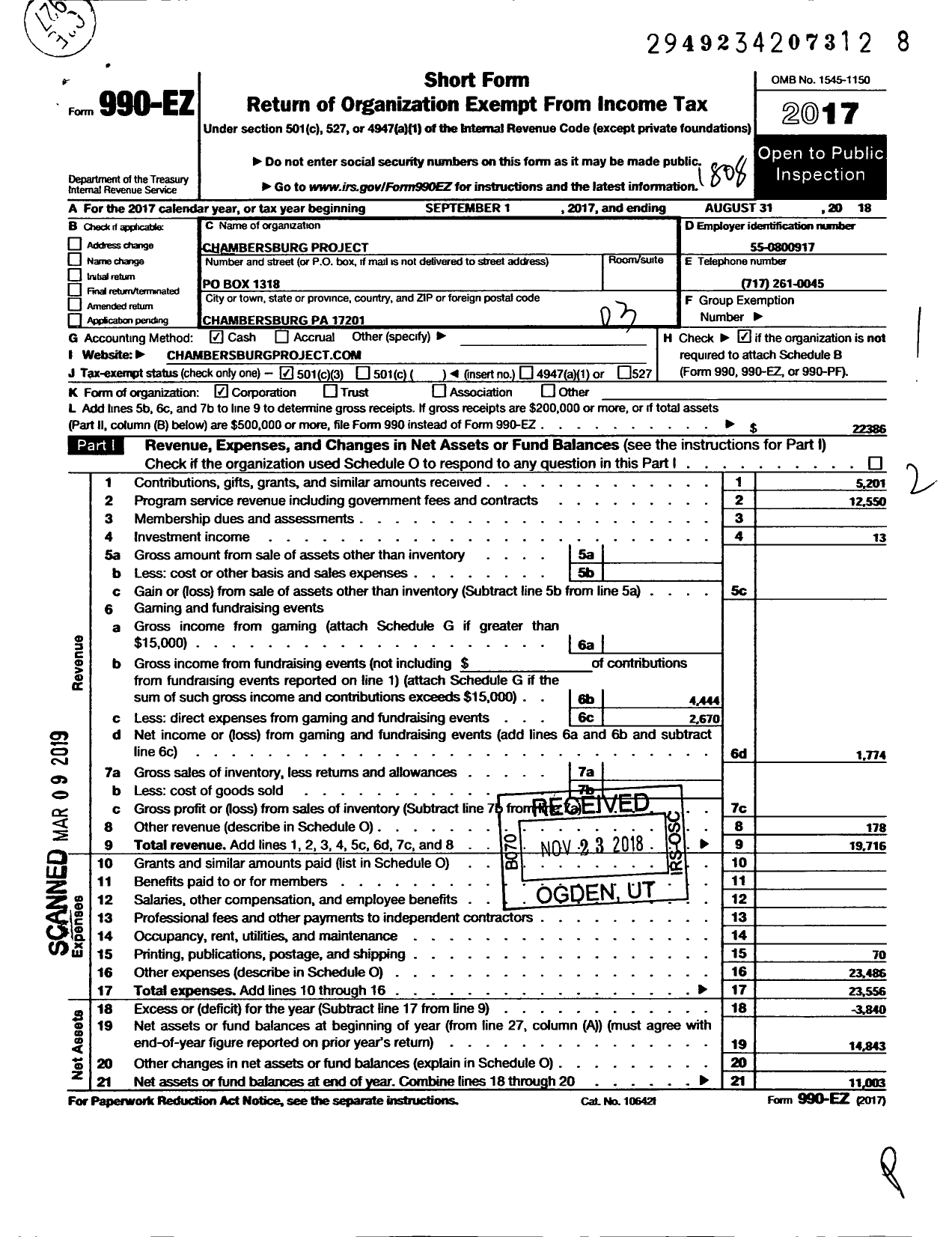 Image of first page of 2017 Form 990EZ for Chambersburg Project