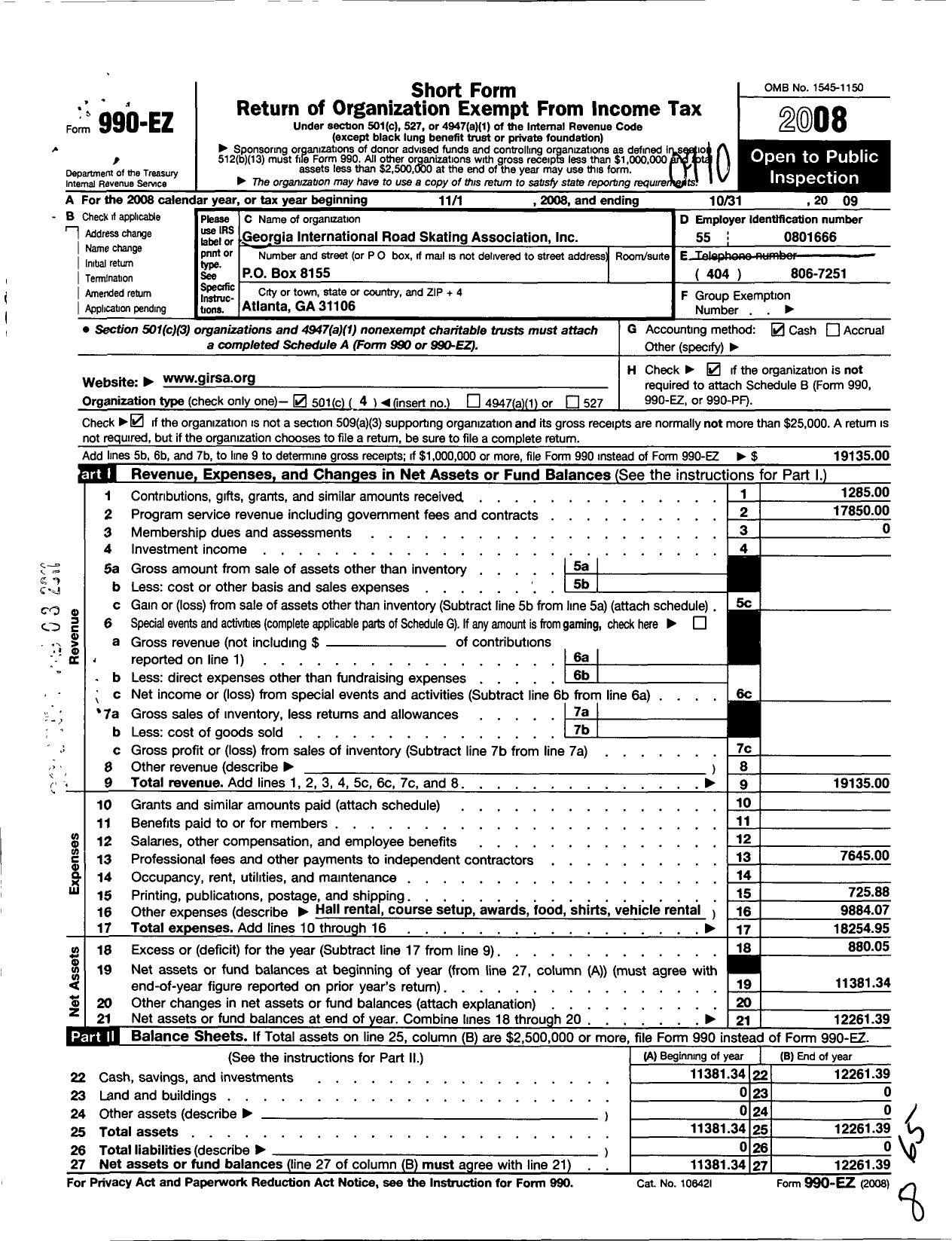 Image of first page of 2008 Form 990EO for Georgia International Road Skating Association