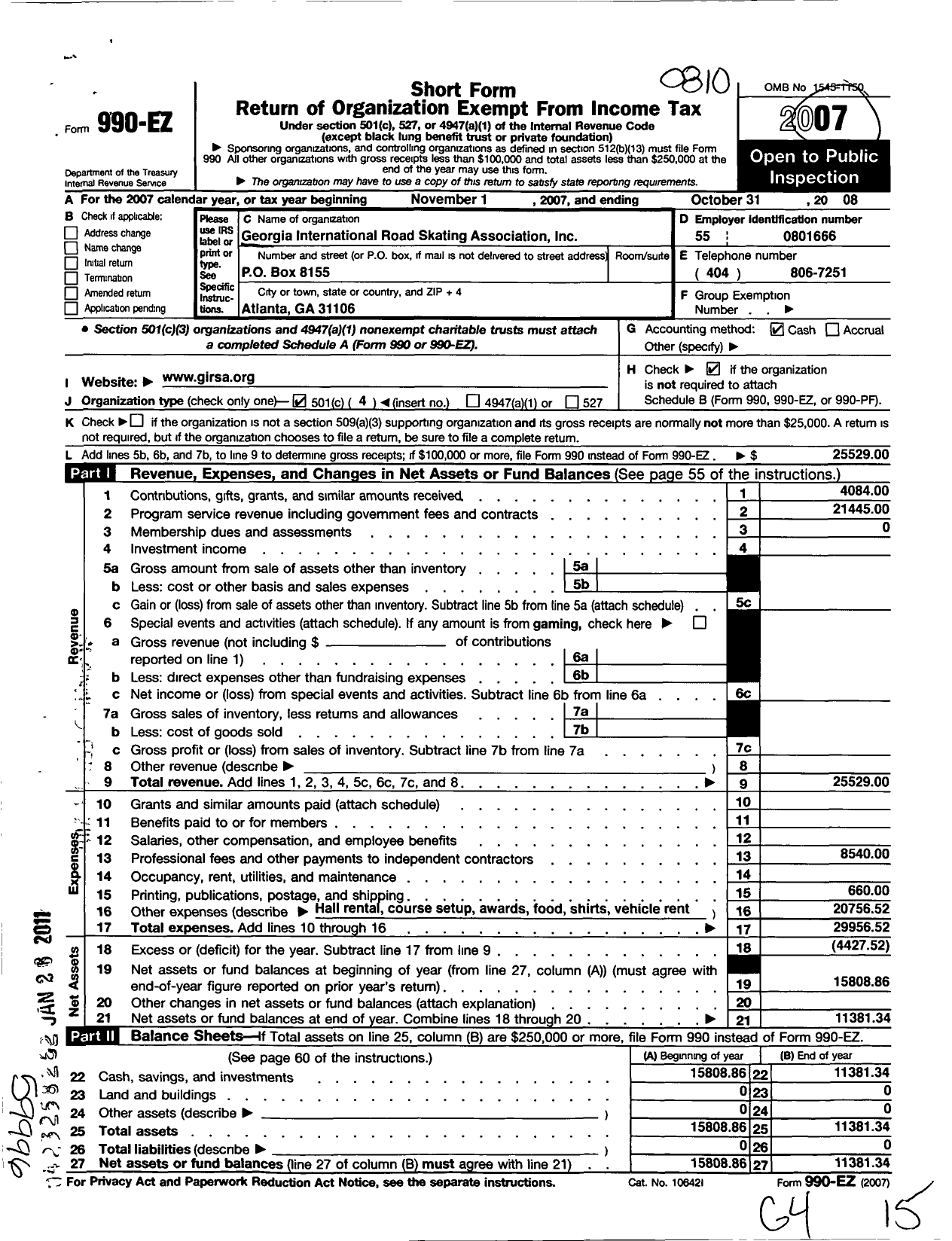 Image of first page of 2007 Form 990EO for Georgia International Road Skating Association