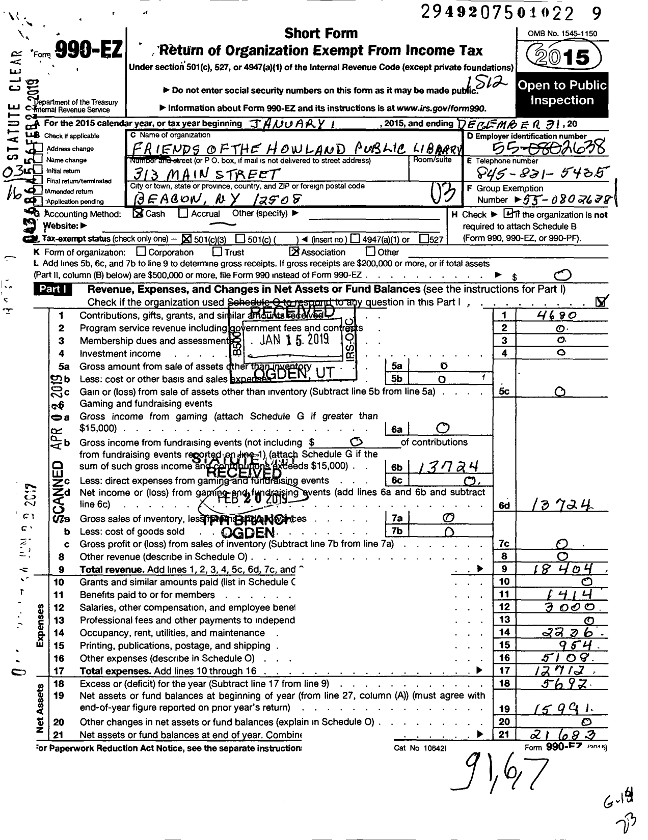 Image of first page of 2015 Form 990EZ for Friends of the Howland Public Library