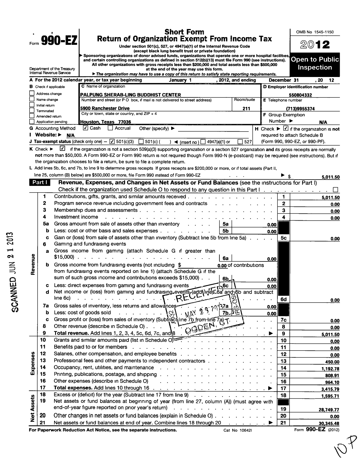 Image of first page of 2012 Form 990EZ for Palpung Sherab-Ling Buddhist Center