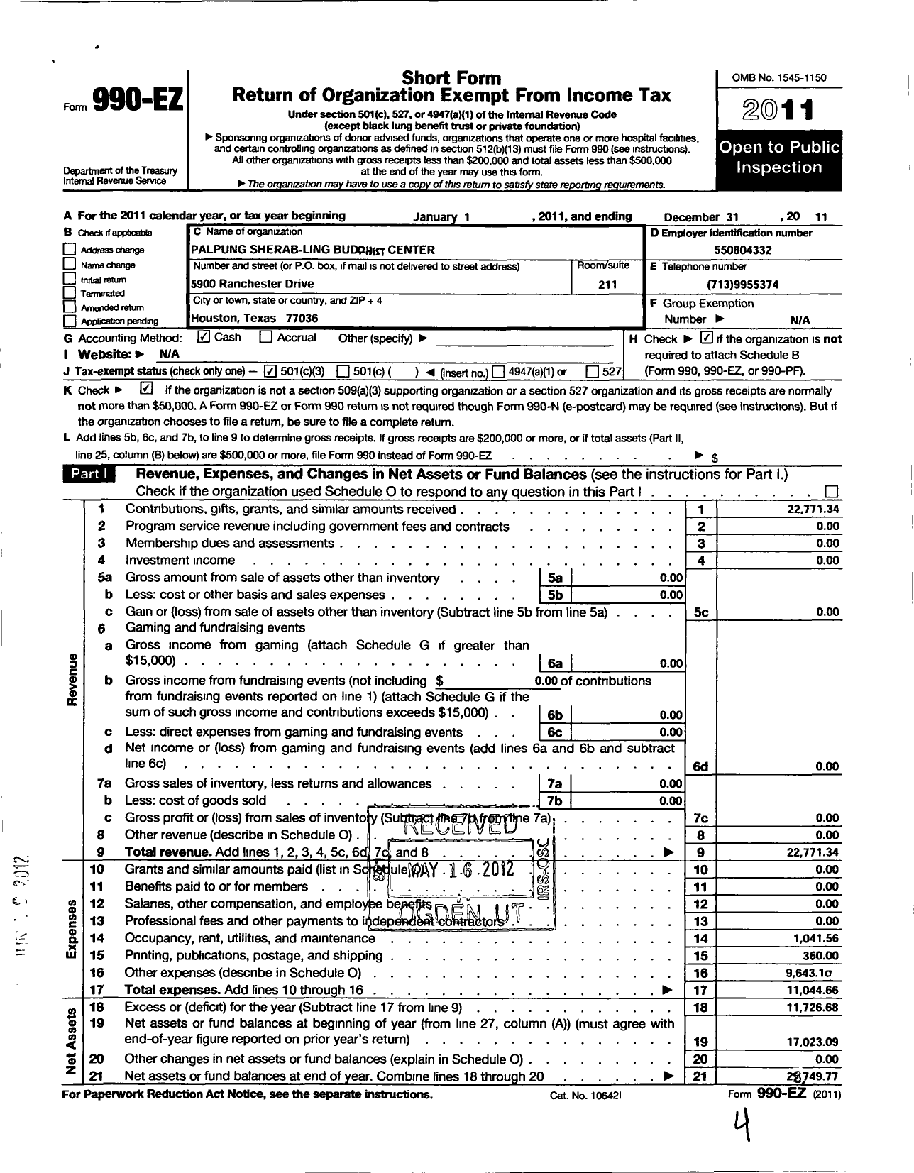 Image of first page of 2011 Form 990EZ for Palpung Sherab-Ling Buddhist Center