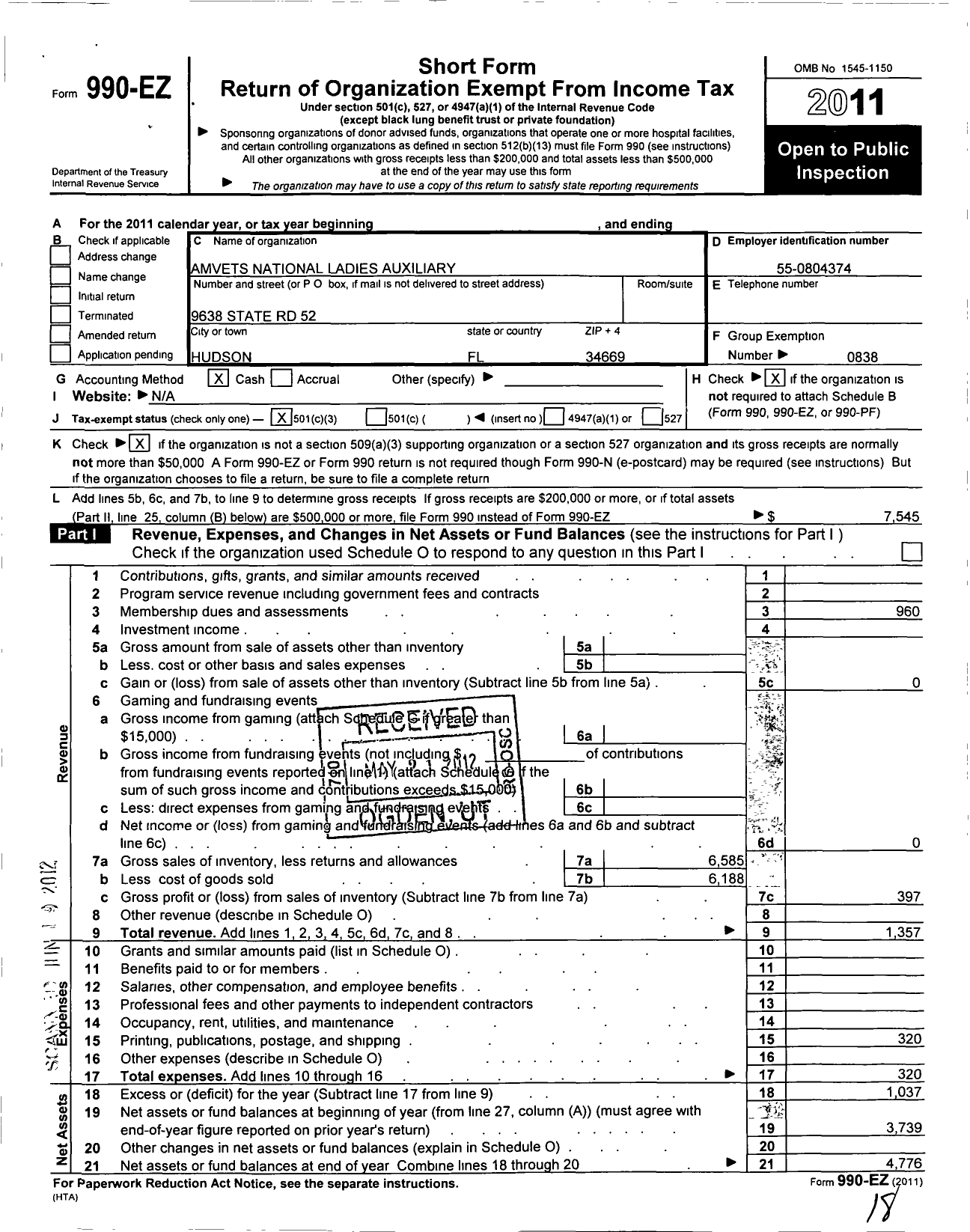 Image of first page of 2011 Form 990EZ for Amvets - 16