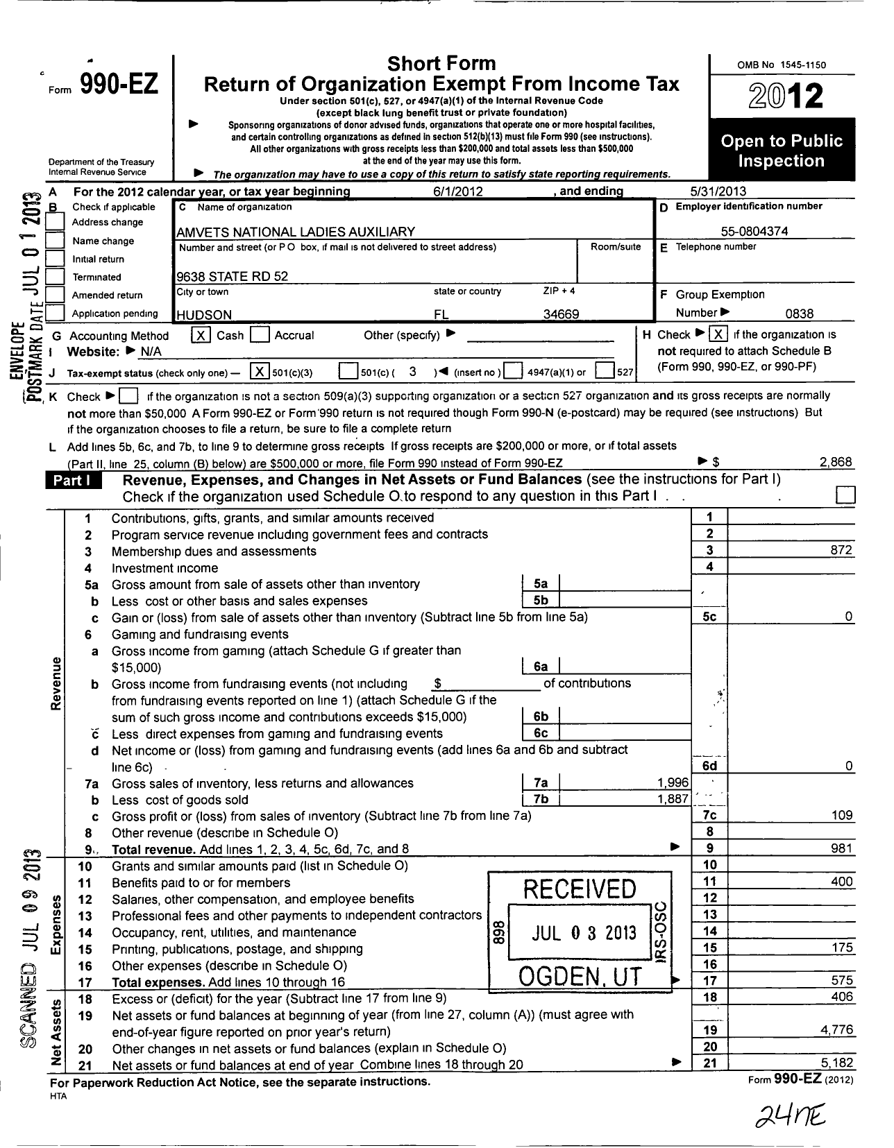 Image of first page of 2012 Form 990EZ for Amvets - 16