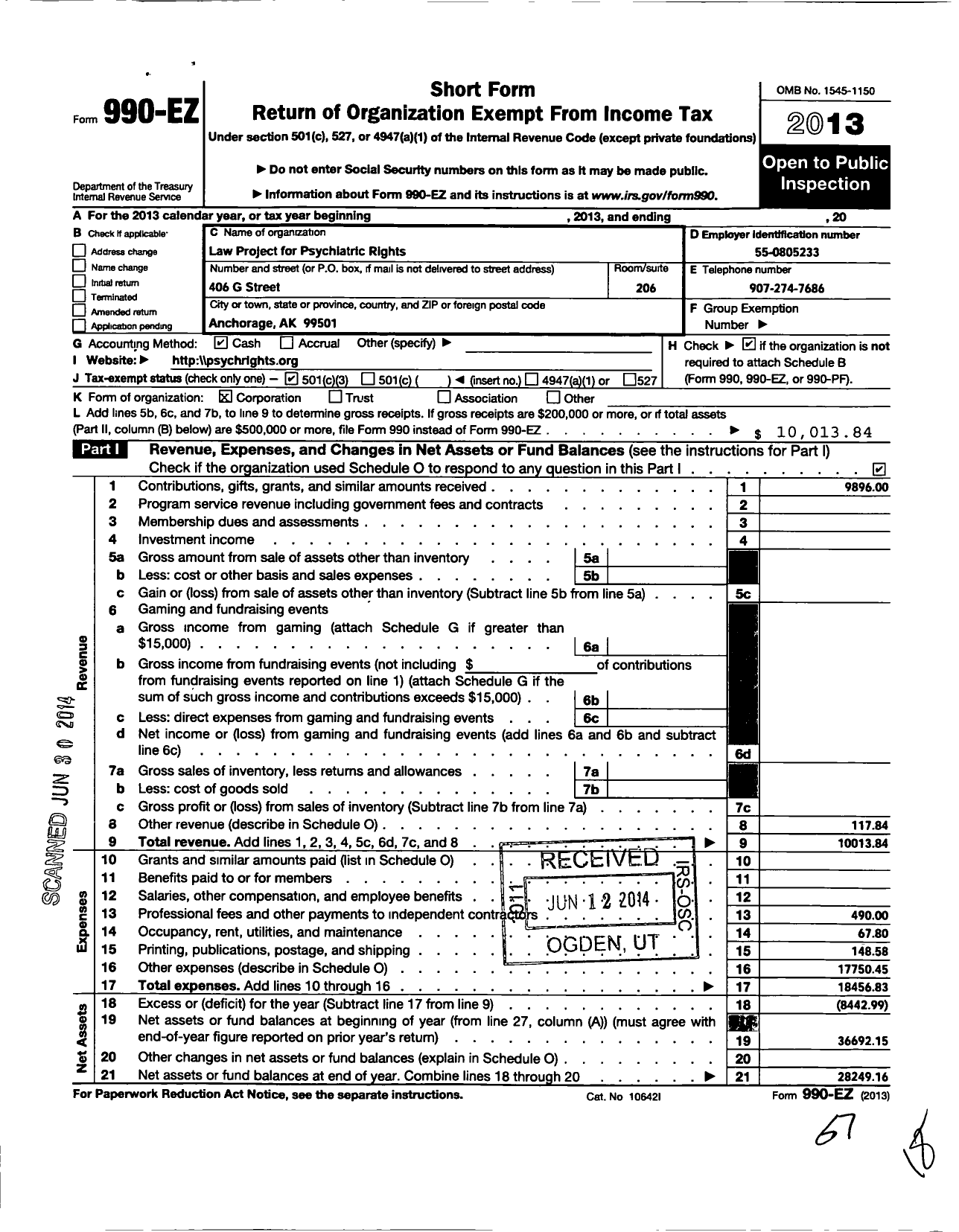 Image of first page of 2013 Form 990EZ for Law Project for Psychiatric Rights