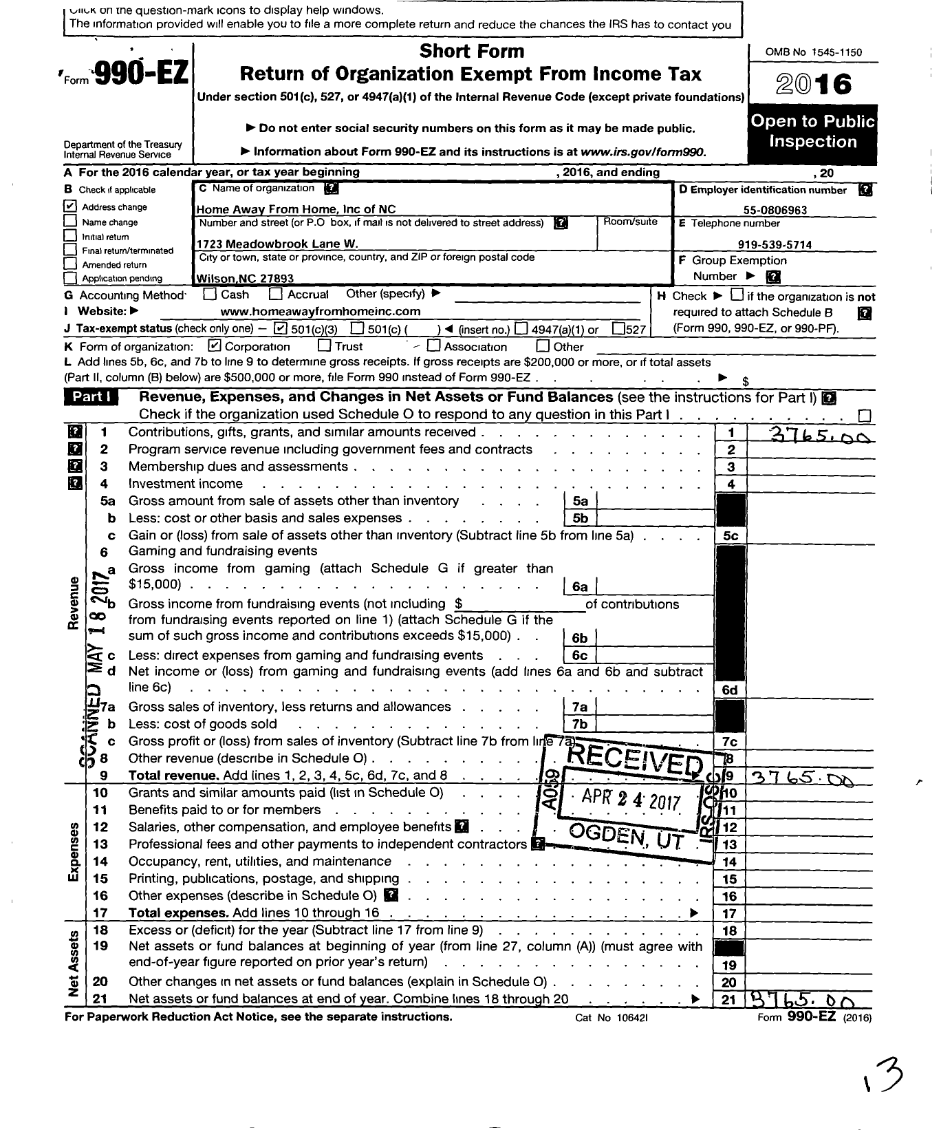 Image of first page of 2016 Form 990EZ for Home Away From Home of North Carolina