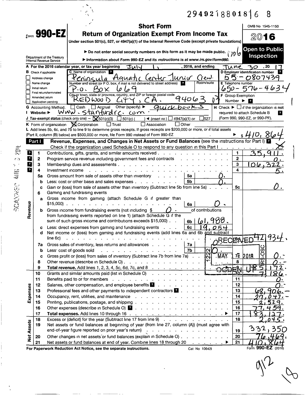 Image of first page of 2016 Form 990EZ for Peninsula Aquatic Center Junior Crew