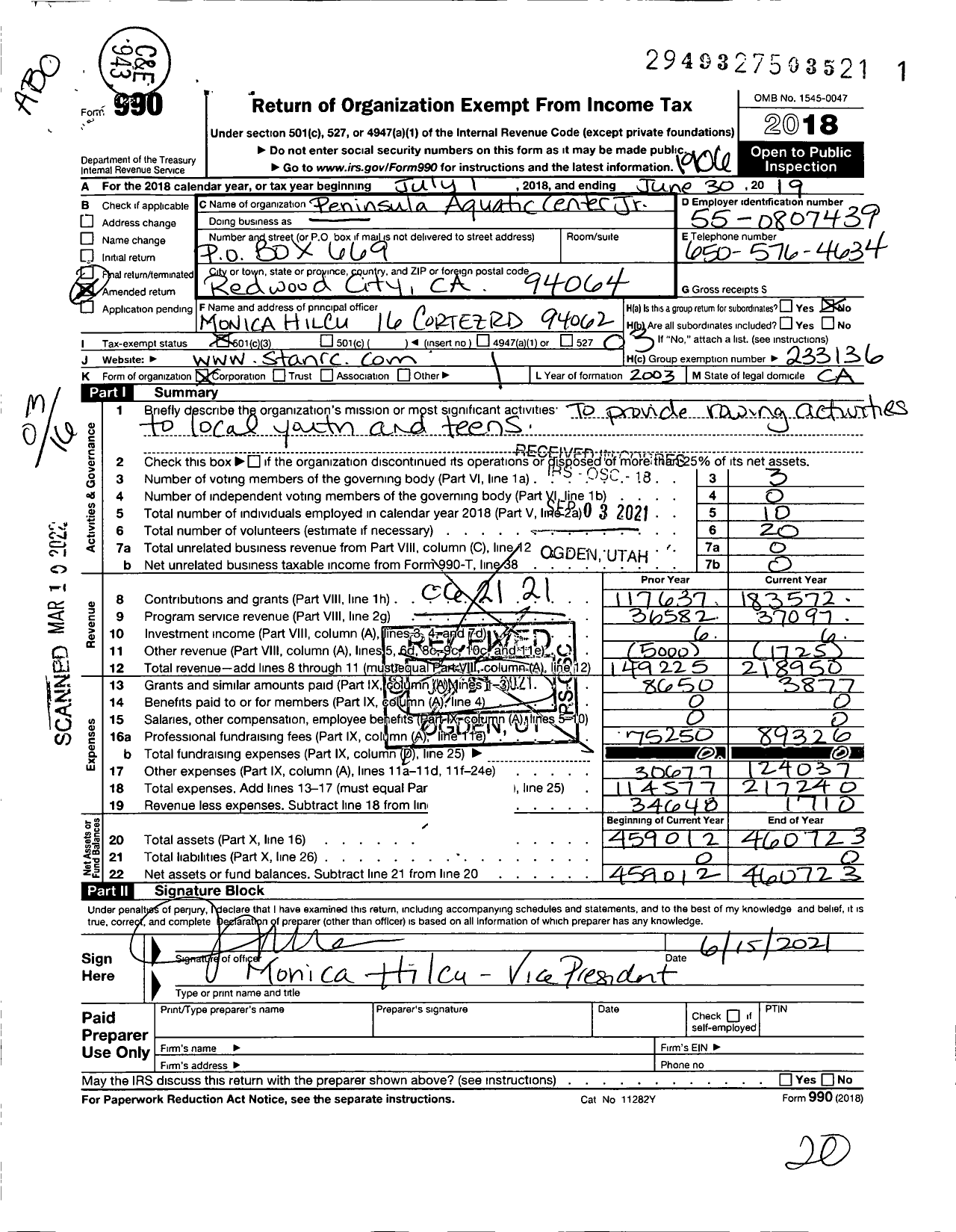 Image of first page of 2018 Form 990 for Peninsula Aquatic Center Junior Crew