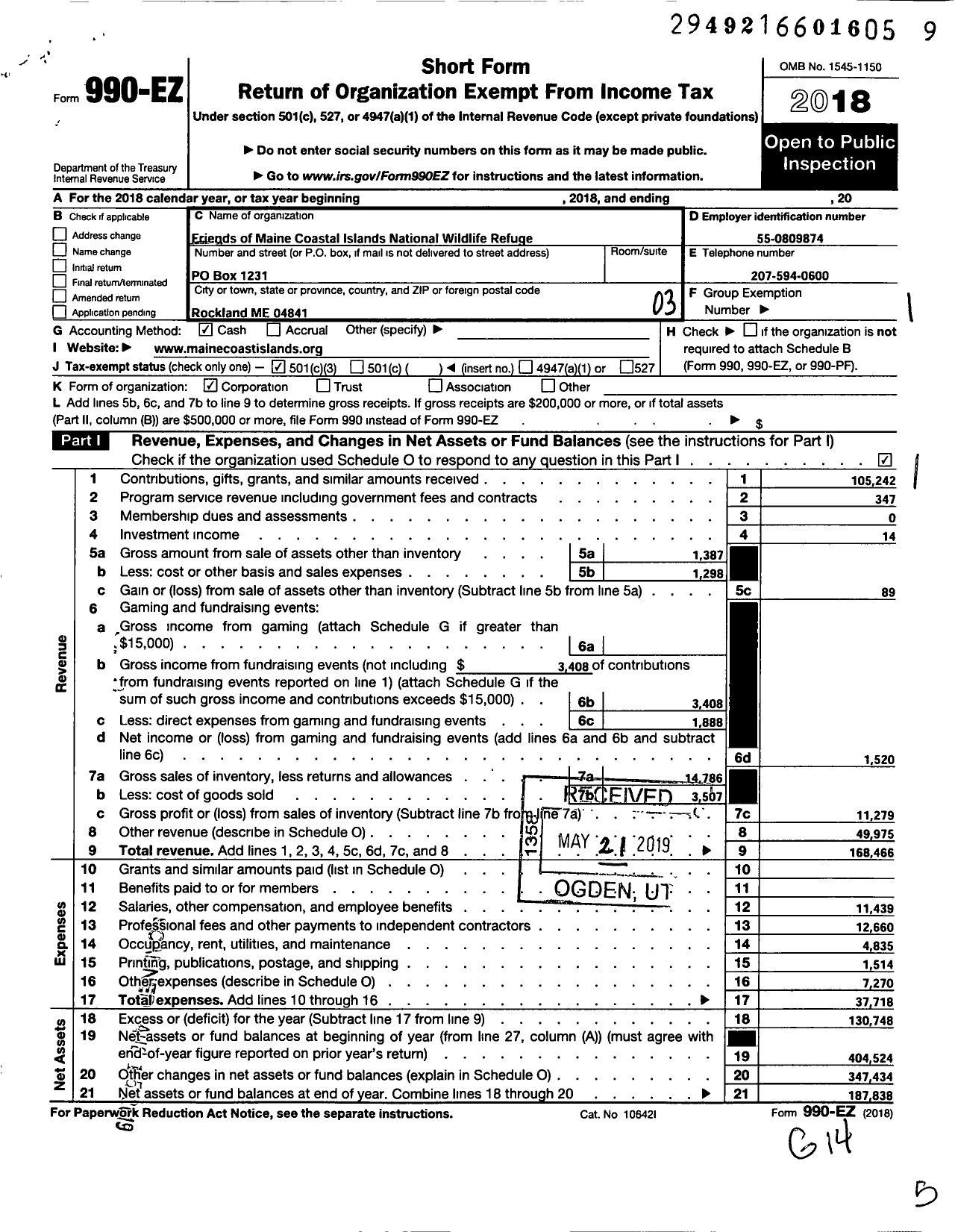 Image of first page of 2018 Form 990EZ for Friends of Maine Coastal Islands NWR