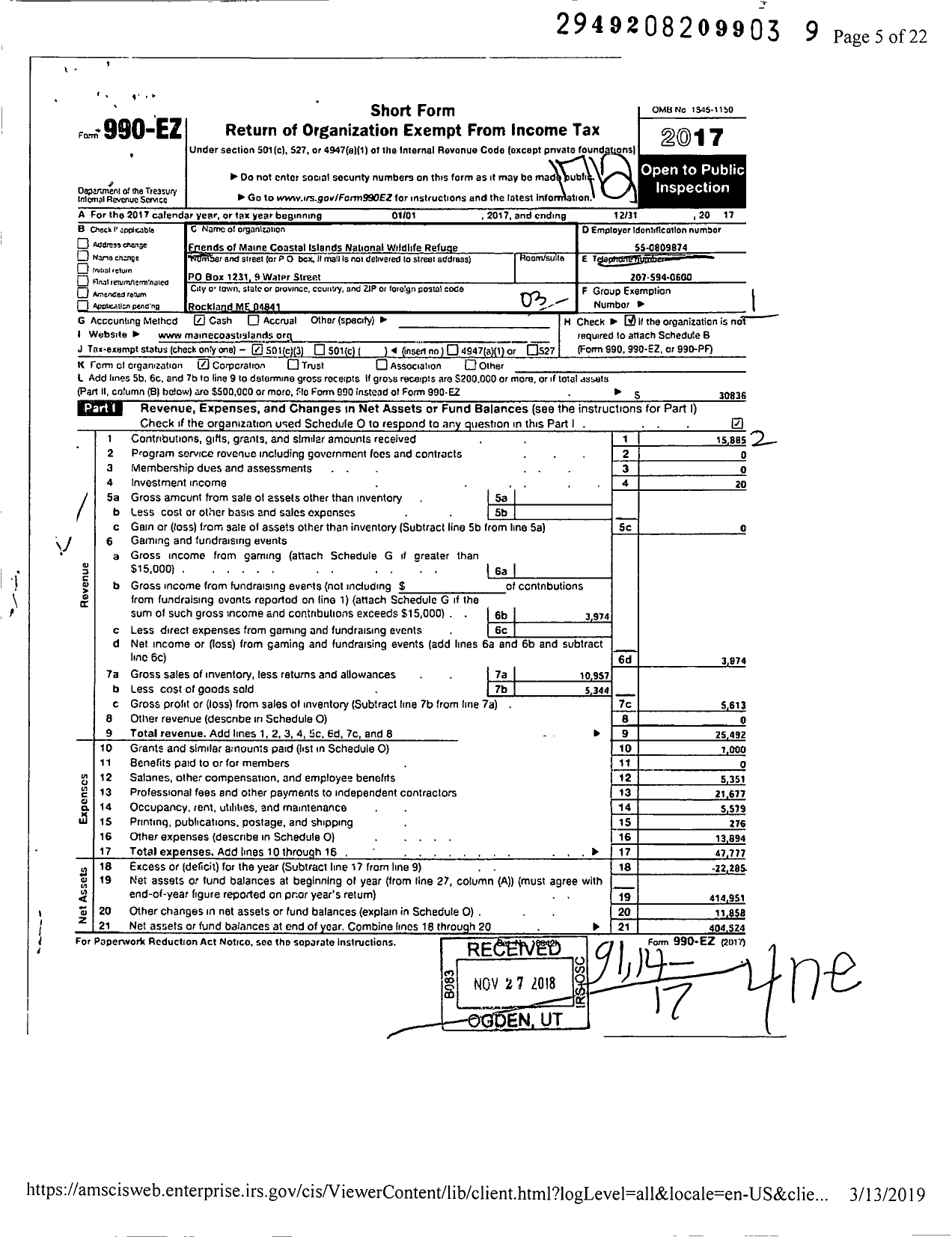 Image of first page of 2017 Form 990EZ for Friends of Maine Coastal Islands NWR