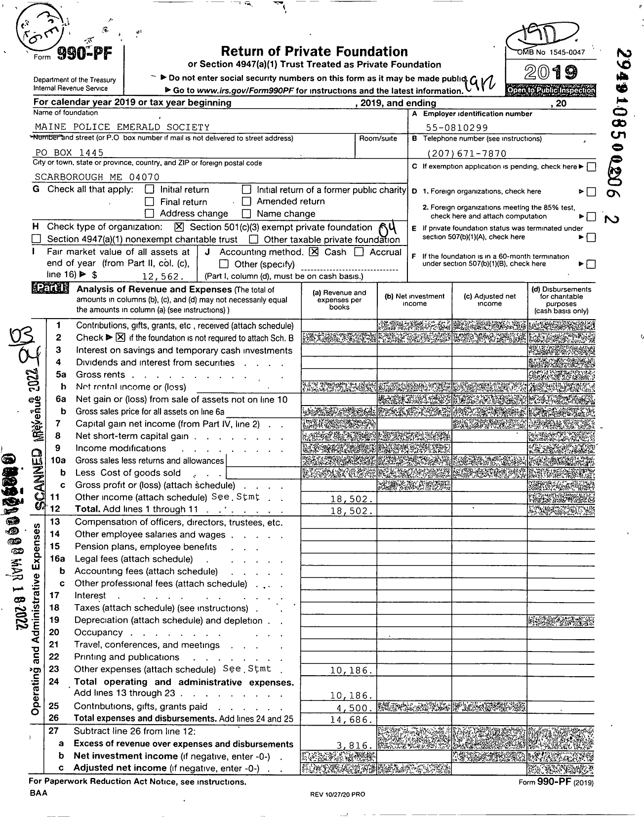 Image of first page of 2019 Form 990PF for Maine Police Emerald Society