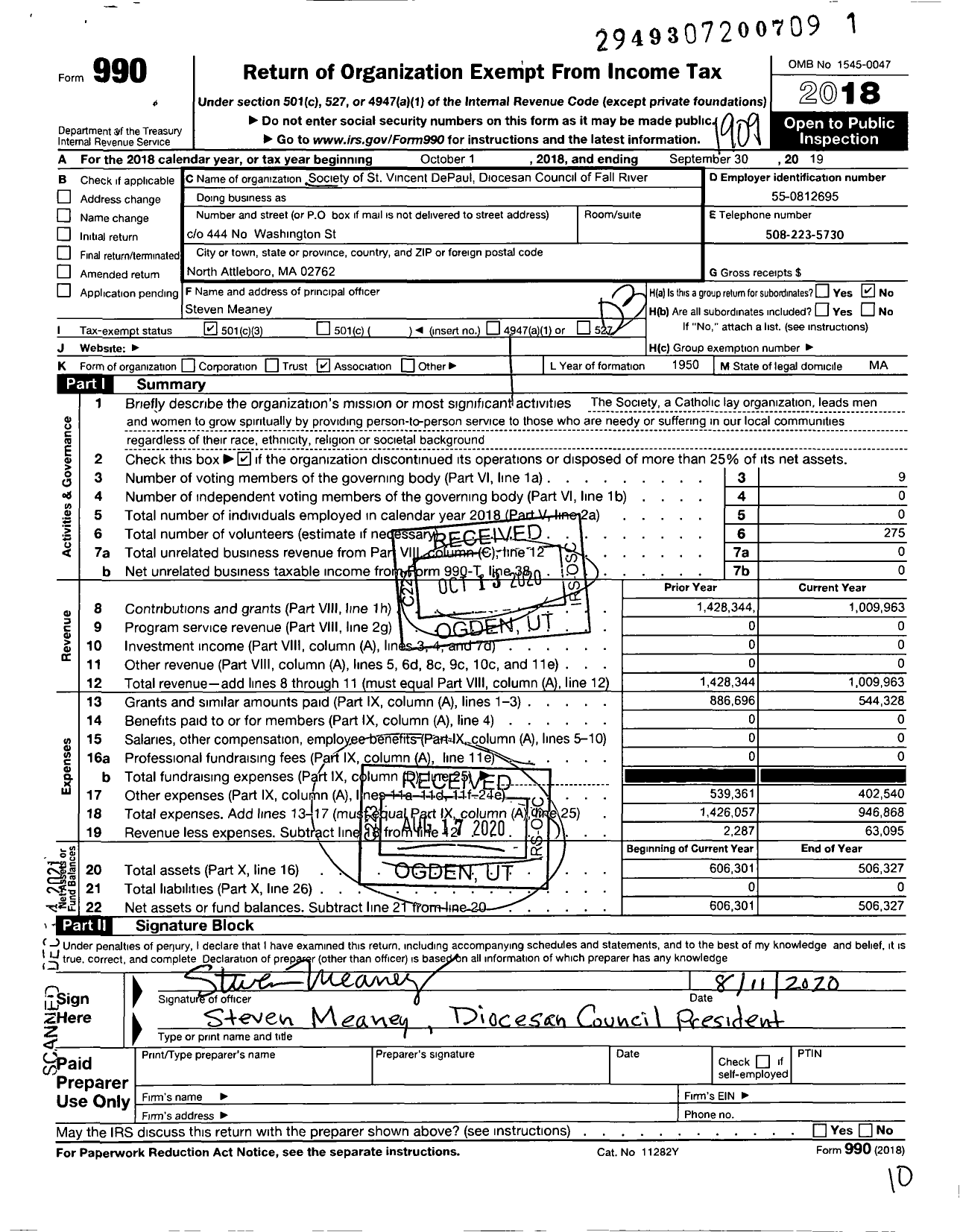 Image of first page of 2018 Form 990 for Society of ST. Vincent de Paul - Diocese of Fall River