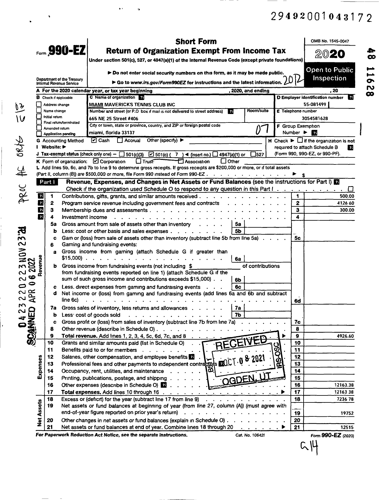 Image of first page of 2020 Form 990EZ for Miami Mavericks Tennis Club