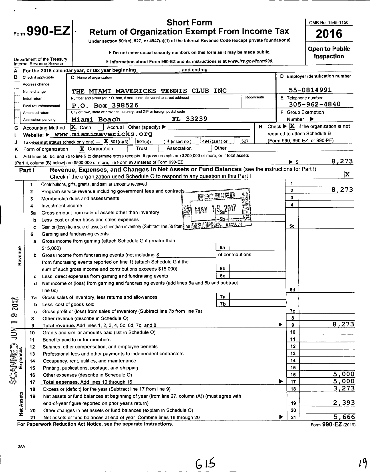 Image of first page of 2016 Form 990EZ for Miami Mavericks Tennis Club