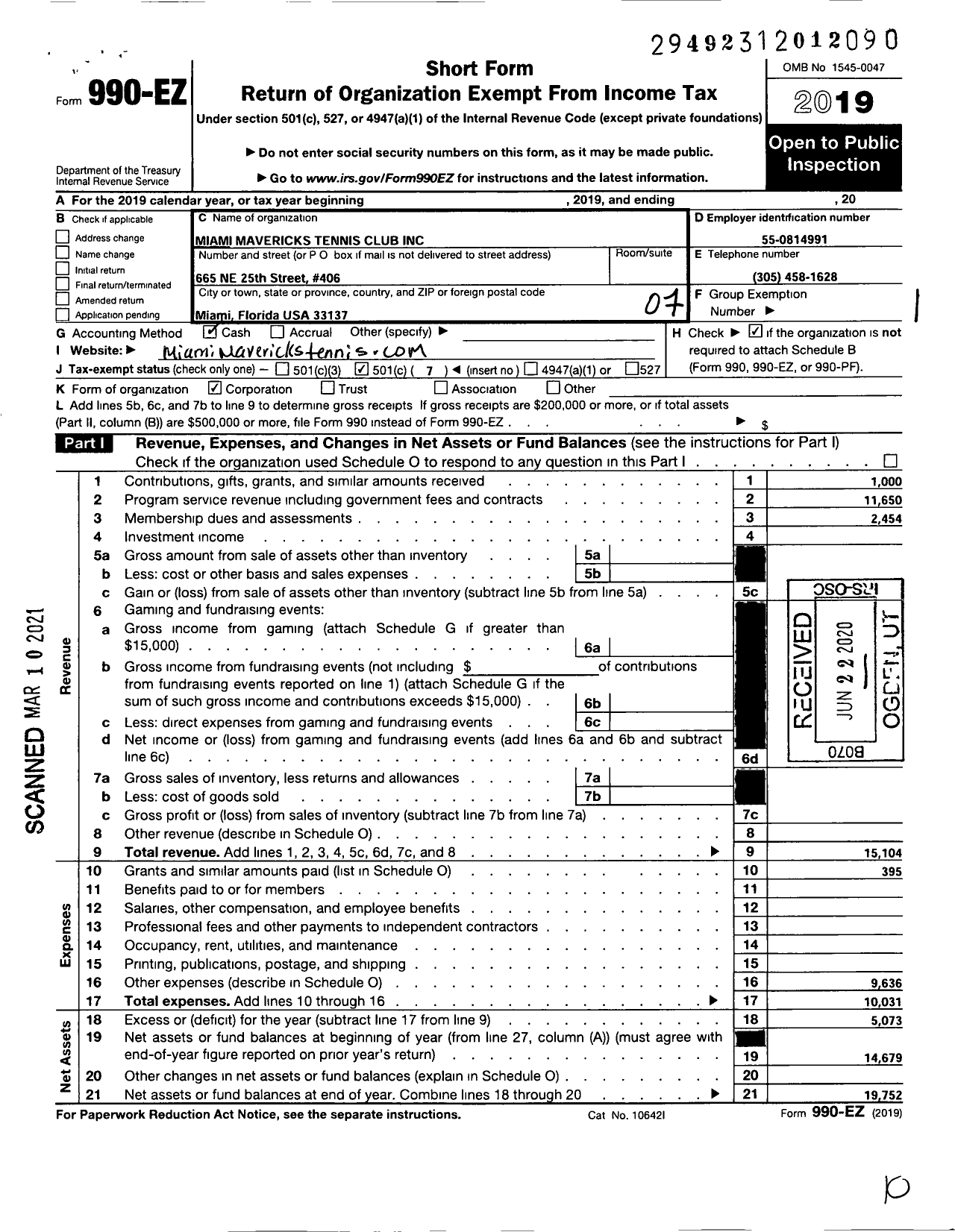 Image of first page of 2019 Form 990EO for Miami Mavericks Tennis Club