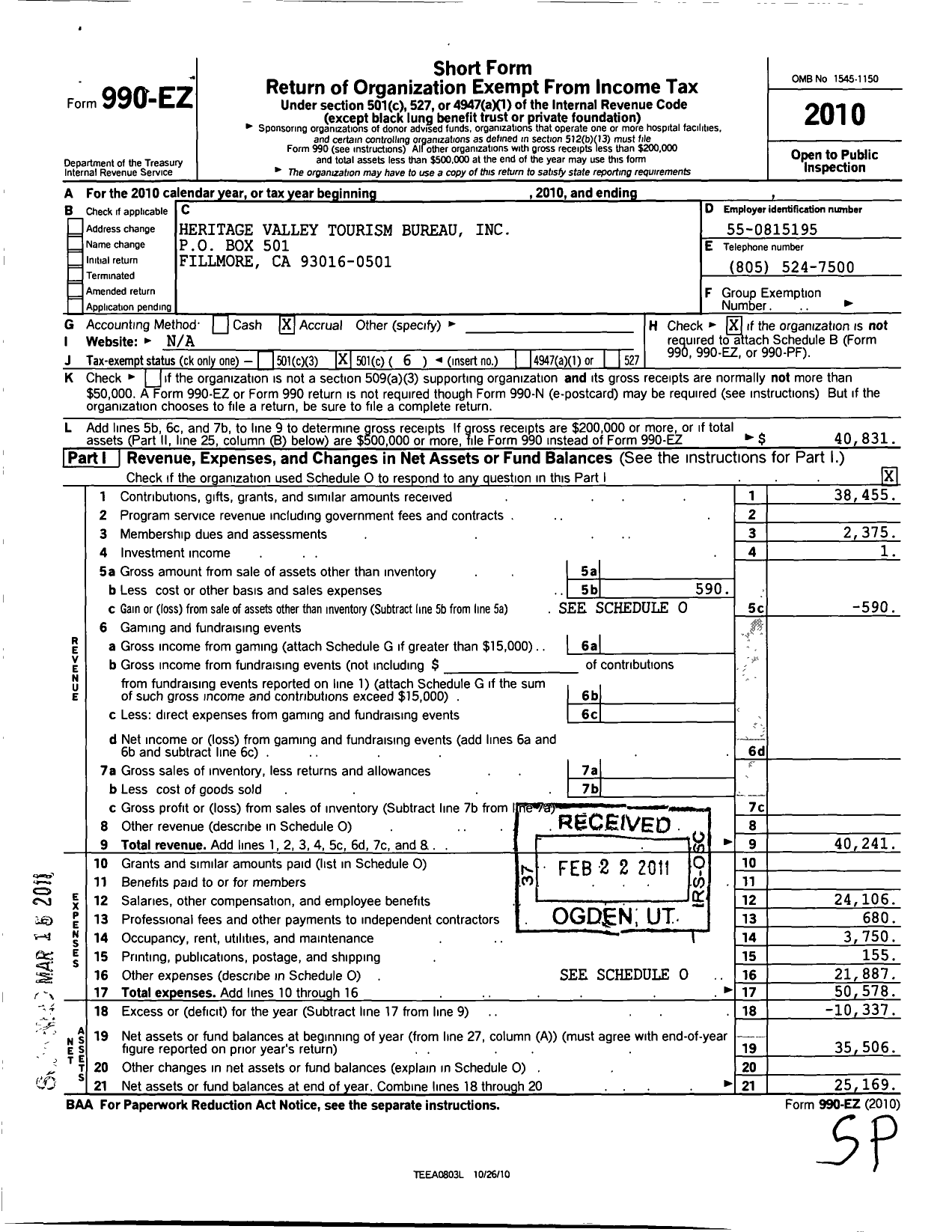 Image of first page of 2010 Form 990EO for Heritage Valley Tourism Bureau