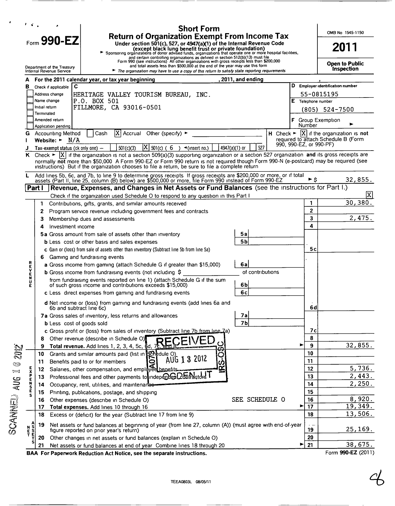 Image of first page of 2011 Form 990EO for Heritage Valley Tourism Bureau